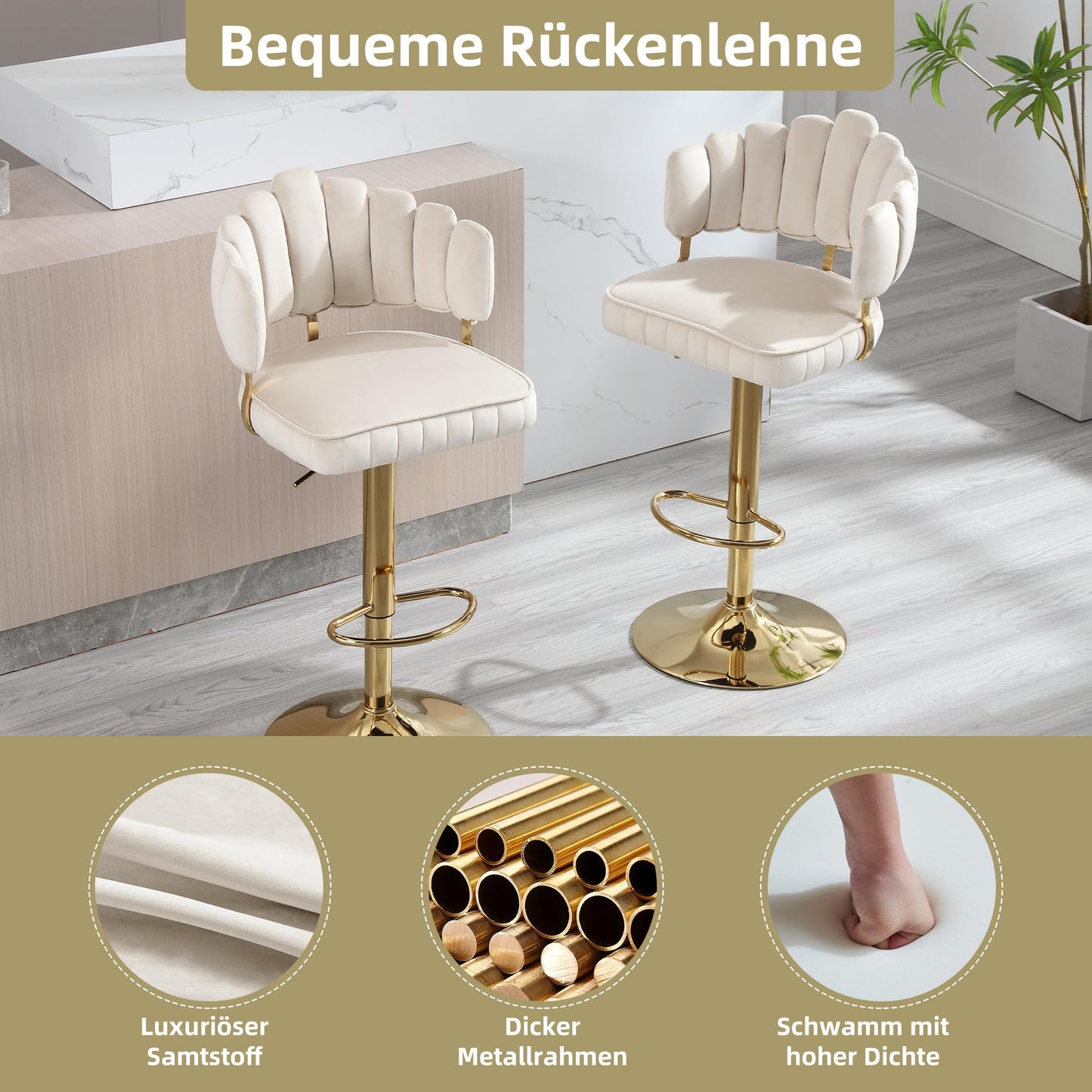 Tabouret Bar Lot de 2 Pivotants Velours Chaise de Bar à Hauteur Comptoir avec Dossier, Repose-pieds, Chaise Haute Bar Comptoir Réglables, Chaises D'îlot pour Salle à Manger, Noir/Gris/Ivoire/Émeraude