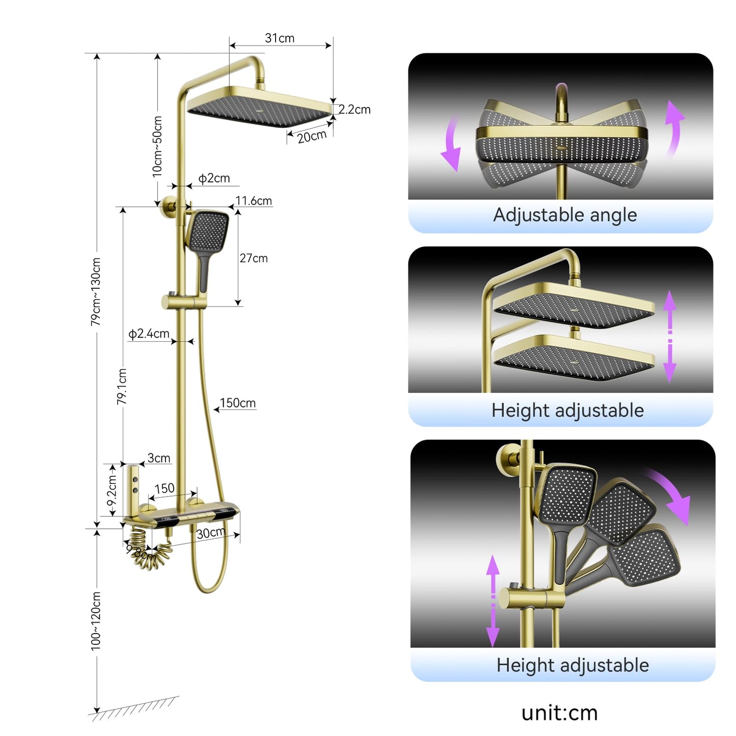 Colonne de Douche Dorée Brossé Thermostatique Mitigeur en Laiton Systeme de Douche Affichage Numérique LED Ensemble de Douche Pommeau De Douche, Douchette, Robinet De Baignoire