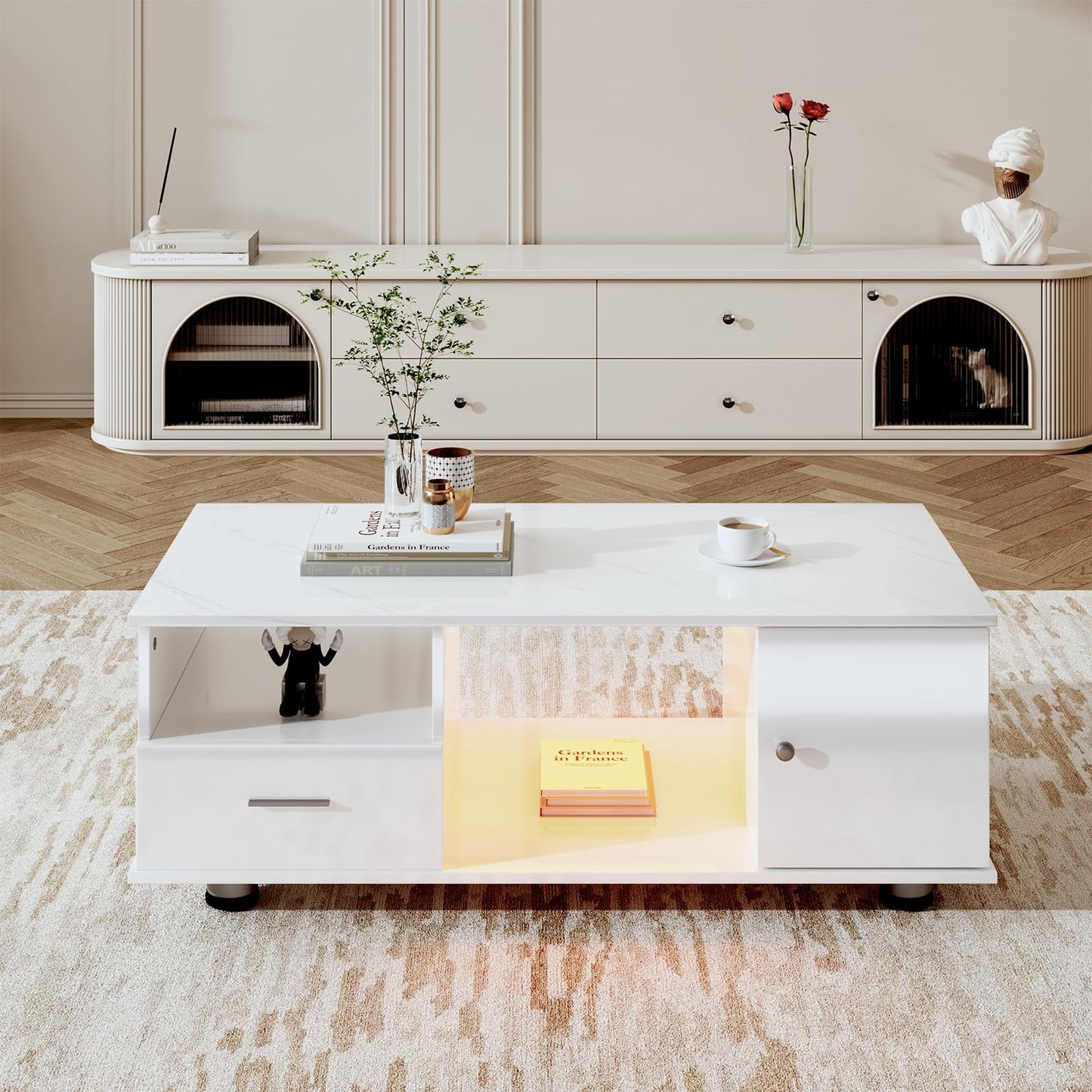 Peiaw Table Basse,Table Basse Salon,Table Basse Blanche,Table Basse LED Moderne,Table Basse avec Plateau en marbre,Table Basse avec Deux tiroirs et Portes,Table Basse 110 x 38,8 x 55 cm