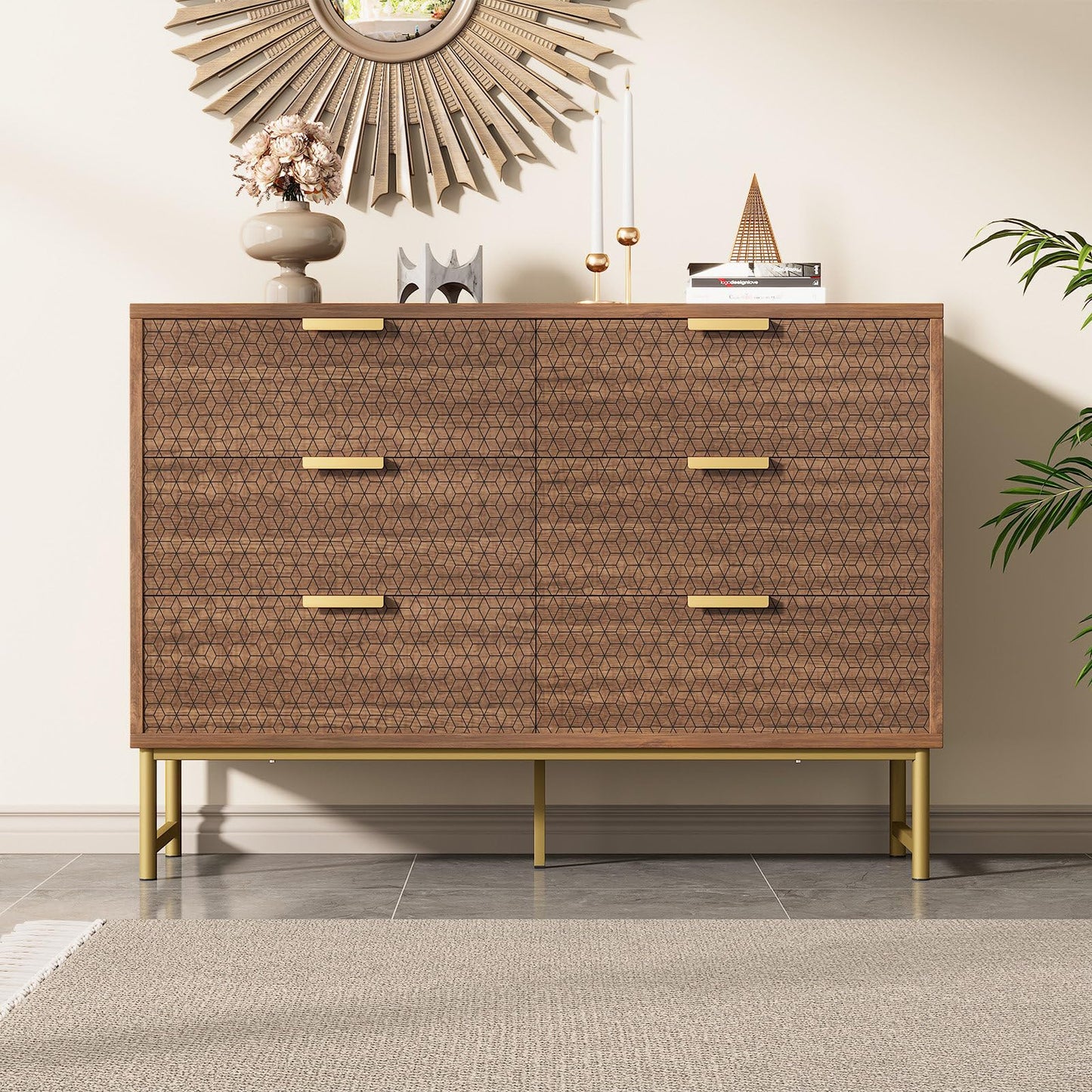 Kommode, Sideboard, Küchen Schrank, Mehrzweckschrank 6 Schubladen mit Griffen, Kippsicher, Höhenverstellbar, Geeignet für Wohnzimmer, Schlafzimmer, Esszimmer, 120 x 75 x 40 cm (B/H/T), Walnussfarbe