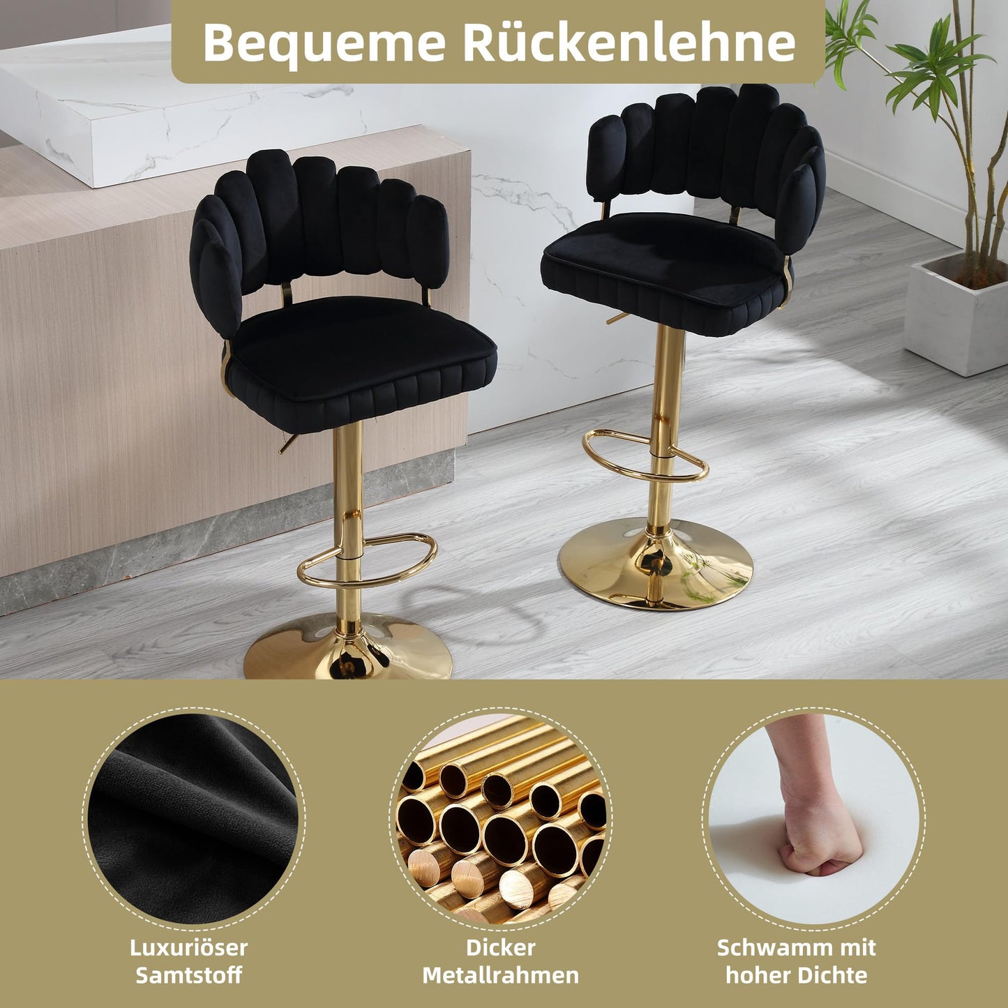 Tabouret Bar Lot de 2 Pivotants Velours Chaise de Bar à Hauteur Comptoir avec Dossier, Repose-pieds, Chaise Haute Bar Comptoir Réglables, Chaises D'îlot pour Salle à Manger, Noir/Gris/Ivoire/Émeraude