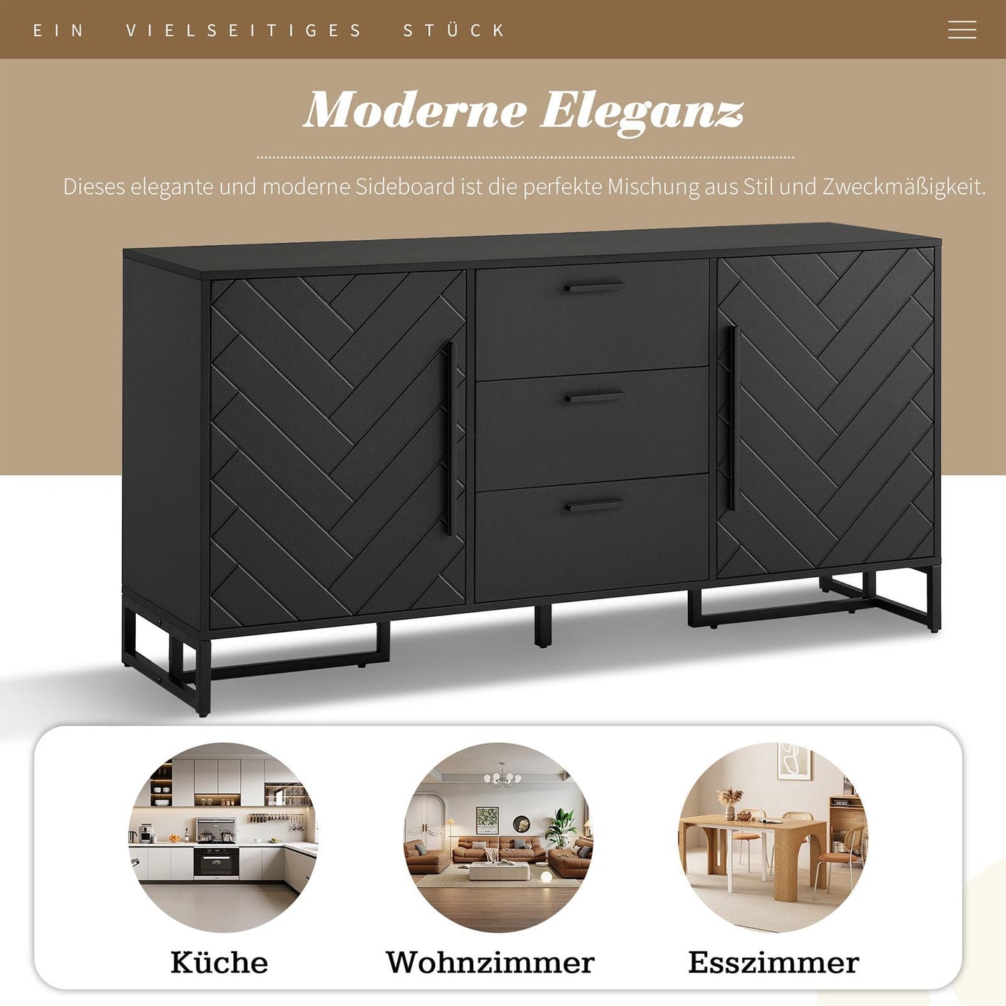 Sideboard, Kommode 2 Türen und 3 Schubladen, Küchenschrank Schwarz Moderner Stil, Mehrzweckschrank Hohe Tragfähigkeit, Verstellbare Regale, Mattschwarzer Griff, 145 x 75 x 40 cm (B/H/T)