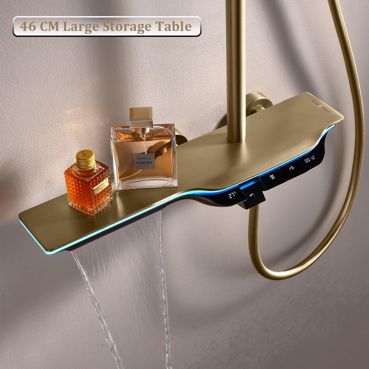 Colonne de Douche Thermostatique Colonne Douche Salle de Bain Affichage Numérique Colonne de Douche avec Mitigeur, Or Brossé Hauteur RéGlable Ensemble de Douche avec Douchette