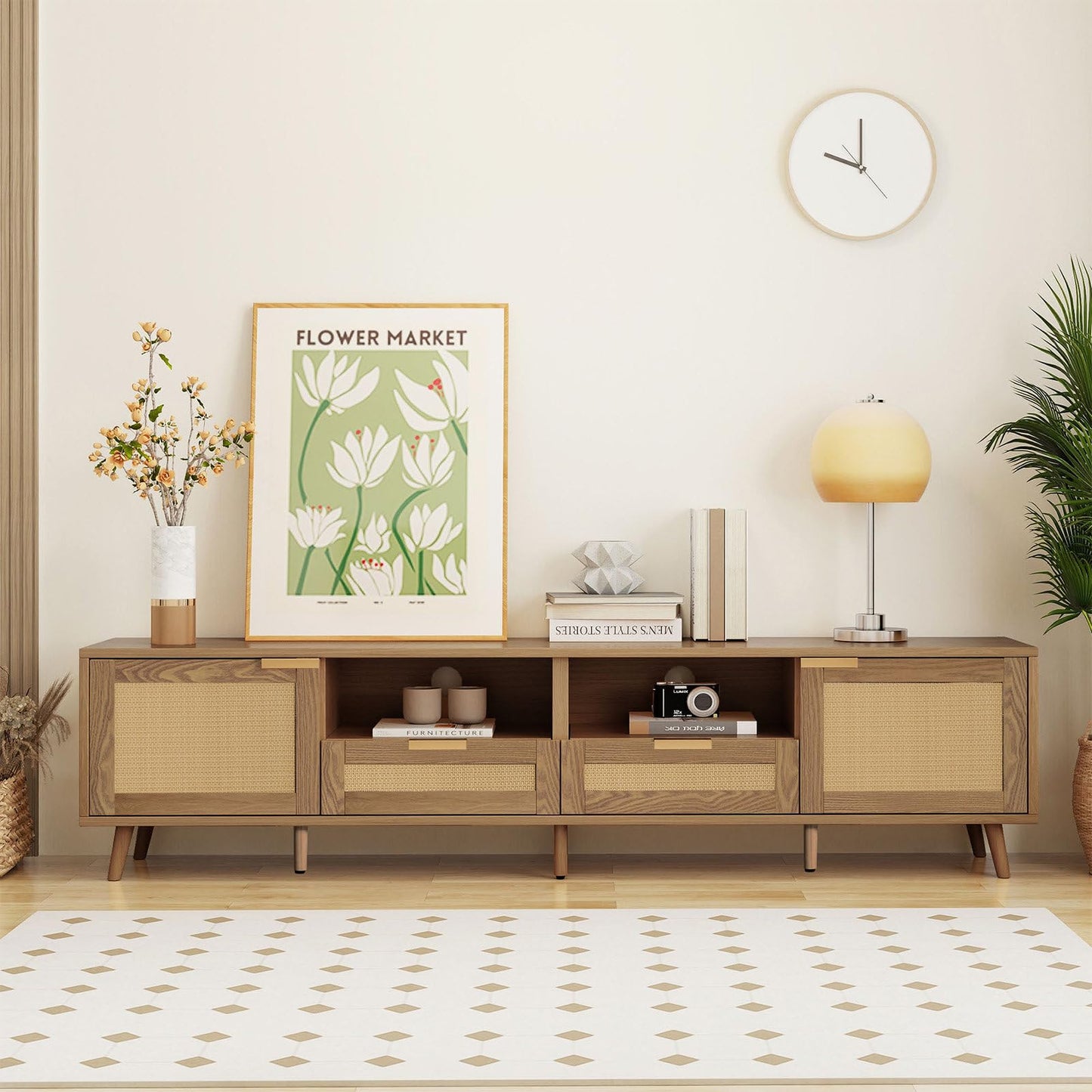 Meuble TV 200cm, Armoire De Télévision Rotin Tressé, Meuble Télé de Salon Pieds D'armoire Réglables, Table Télévision Convient Aux Téléviseurs de 90 Pouces, 2 Portes, 2 Tiroirs et 2 Étagères Ouvertes