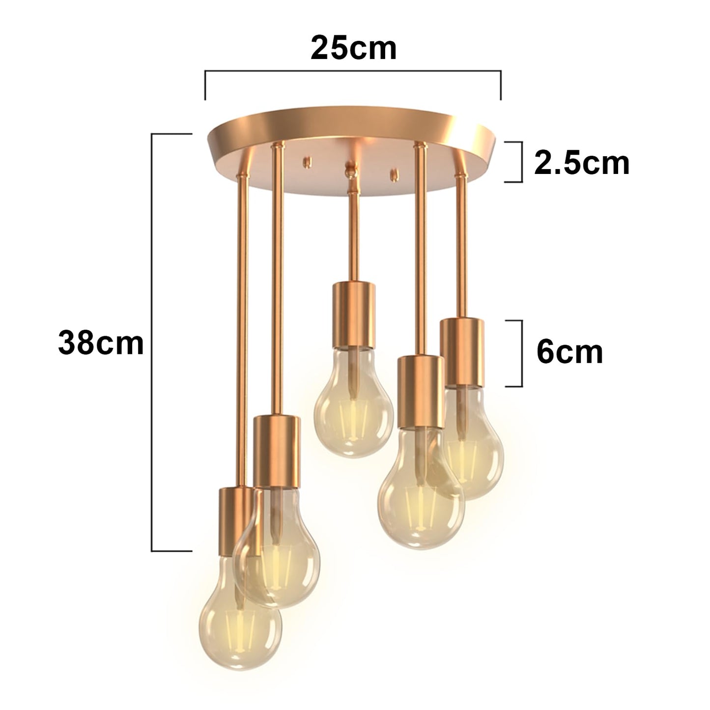 Plafonnier vintage doré à 5 ampoules LED E27 - Pour salle à manger, cuisine, salon, bar, restaurant (doré)