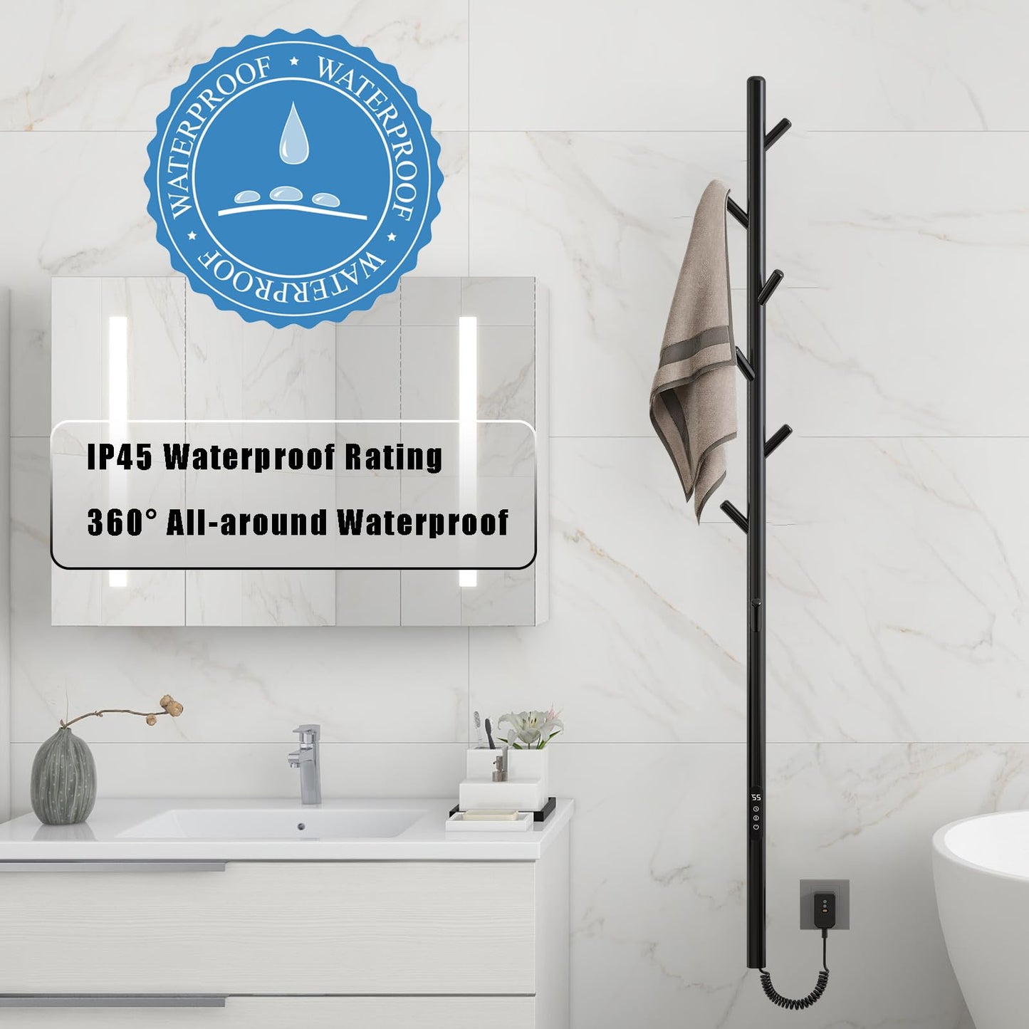 OihPaw Sèche-serviette électrique Noir Affichage Numérique 110 W Porte-Serviettes Chauffant Électrique 1500 mm Acier Inoxydable Thermostat Radiateur de Salle de Bain