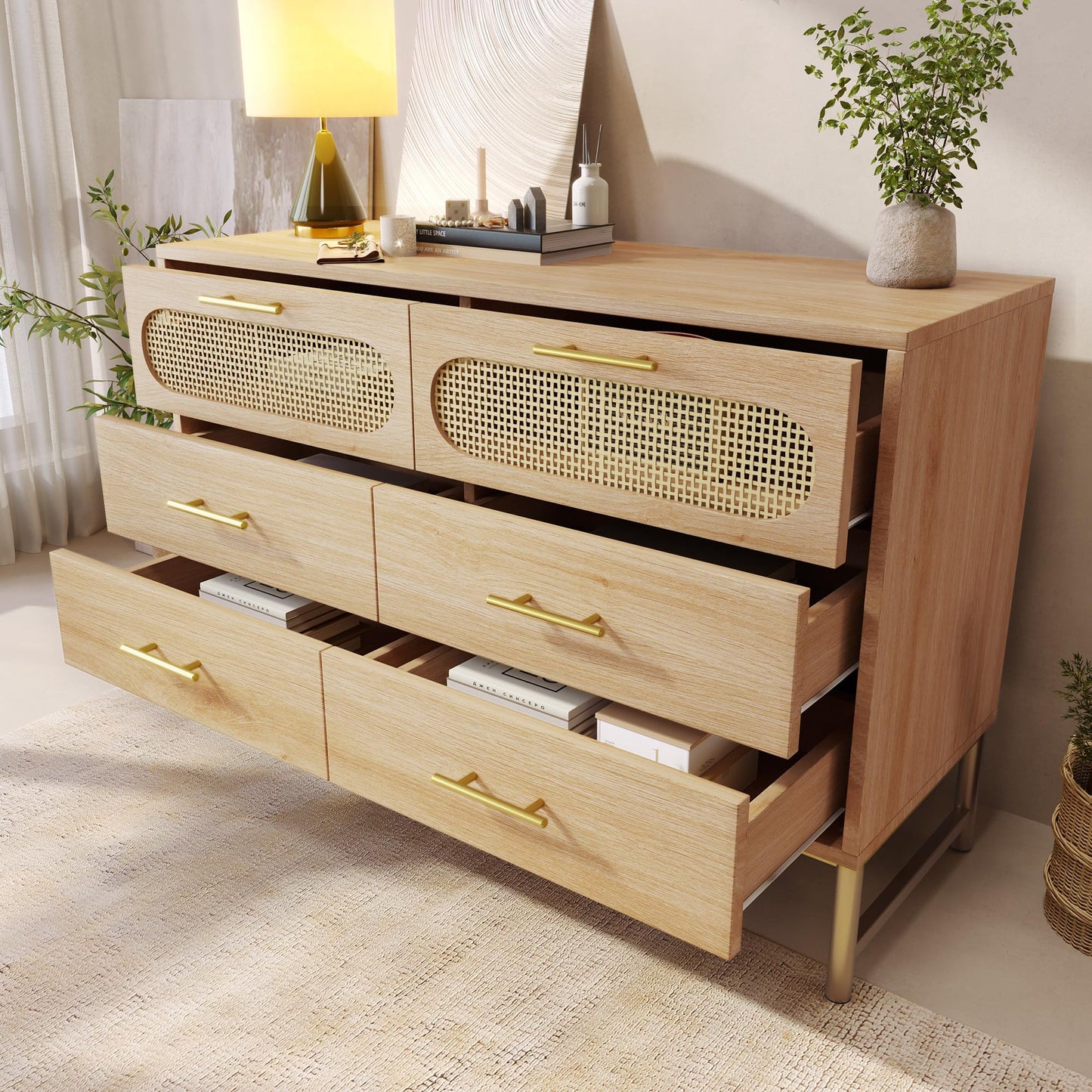 SHUGUANG Buffet en Rotin avec 6 Tiroirs, Commode de Chambre Style Bohème, Vaisselier, Meuble de Rangement pour Salon et Entrée, Poignées en Métal Doré, Anti-Inclinaison, 120 x 40 x 74 cm, Chêne