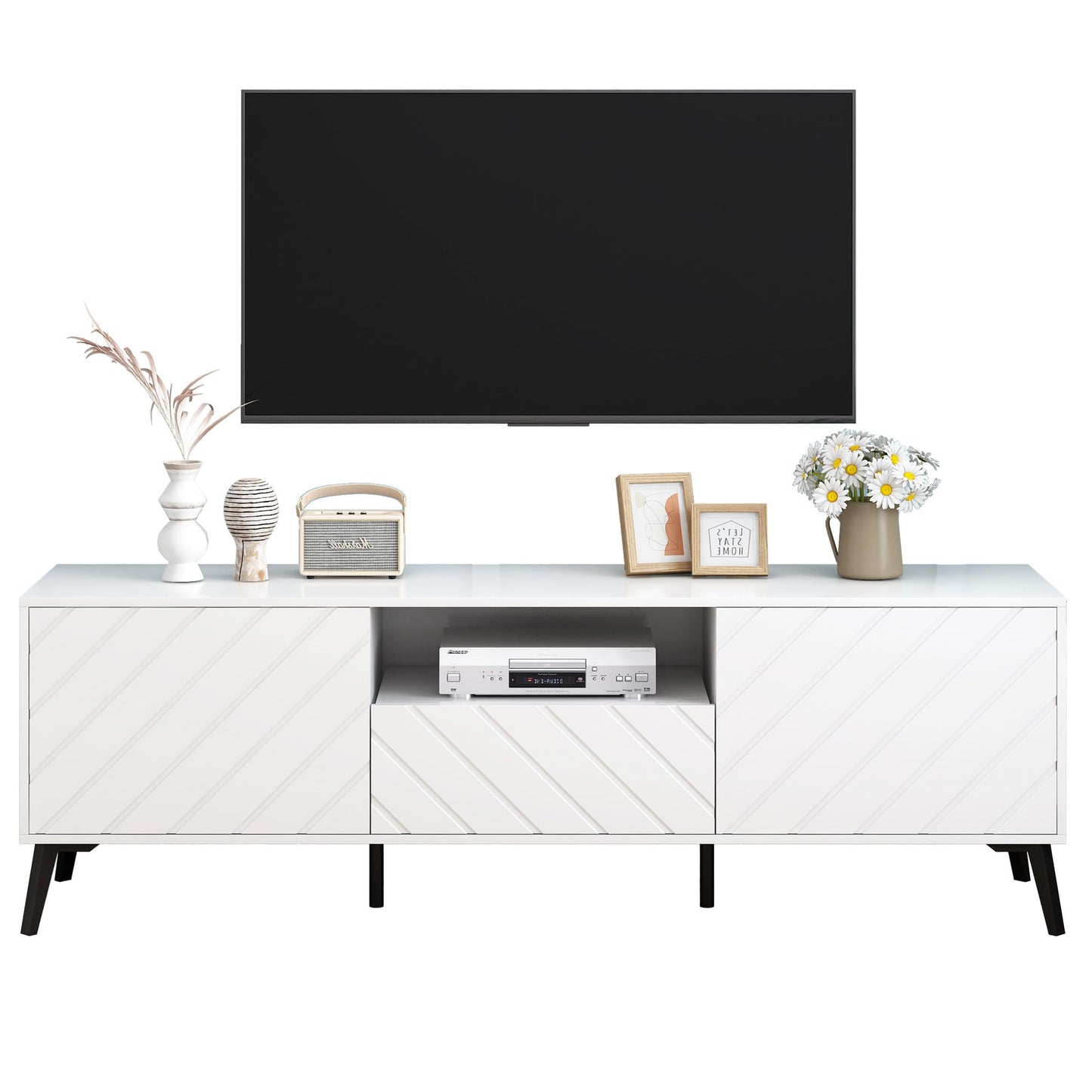 170cm Meuble TV Blanc pour TV 70 pouces, Moderne et Simple Banc TV avec 2 Portes et 1 Tiroir, Séparateurs Internes Réglables, Pieds en Métal Robustes avec Coussinets Souples, Facile à Assembler