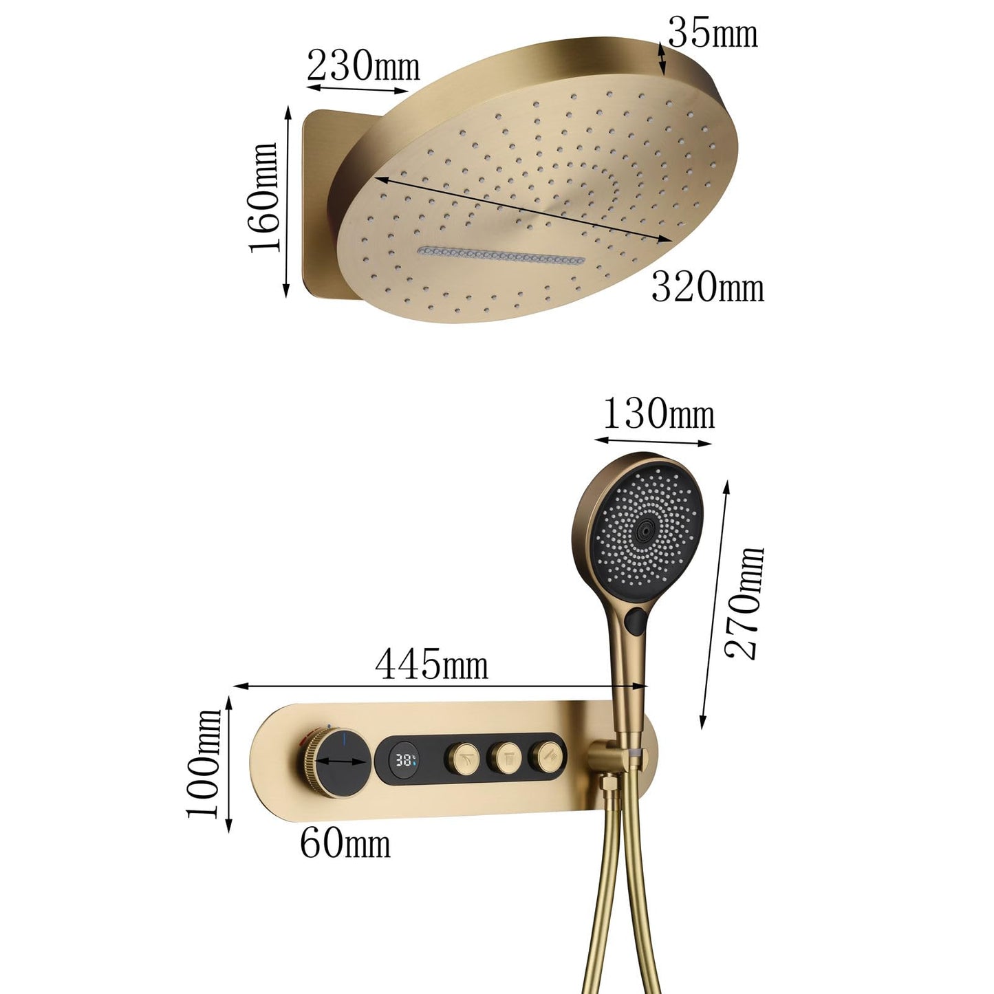 Colonne de Douche Thermostatique, Or Brossé Colonne Douche Encastrable Affichage Numérique Ensemble de Douche Mural Kit de Douche avec Pommeau de Douche et Douchette