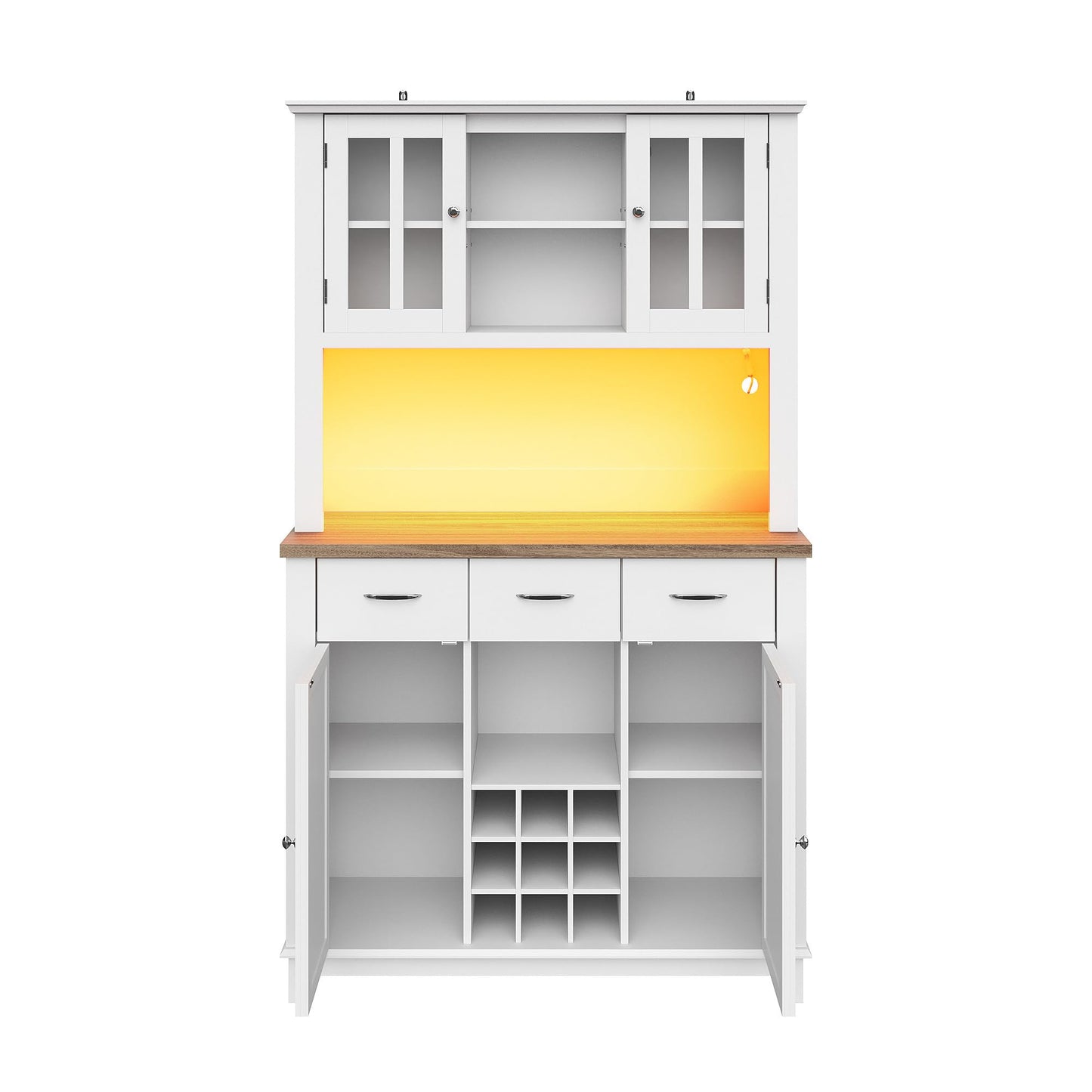 Armoire de Cuisine, Enfilade Buffet Haute, Vitrine avec Étagères Réglables et Casier à Vin, Buffet de Salon avec Éclairage LED, Beaucoup D'espace de Rangement, 106*40*179.5cm (Tiroirs Blanc/Bois)