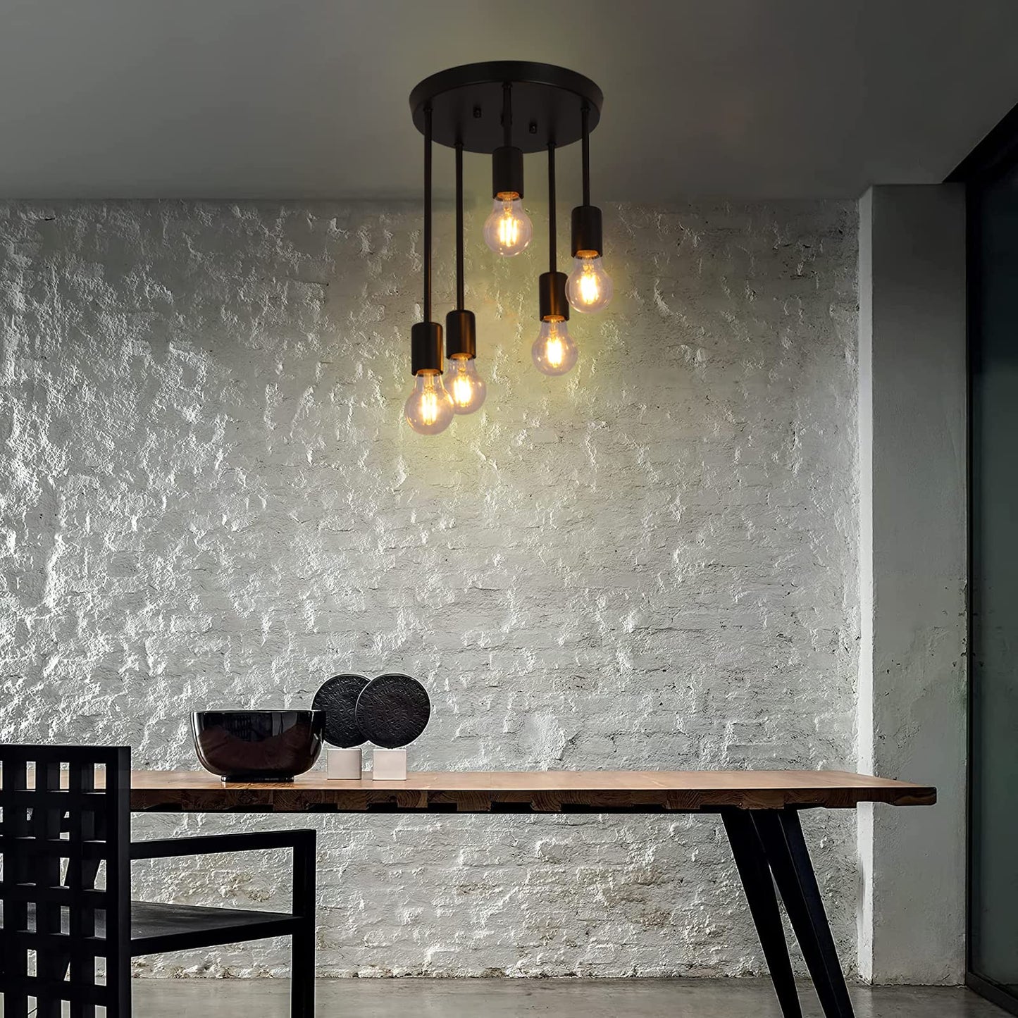 Plafonnier rétro, Lustre de ferme noir 5 lumières, Pendante Suspension Luminaire Industriel E27, Lampe Suspension Métal Retro, Plafonnier Luminaire, pour Chambre Salon et Cuisine hall-B