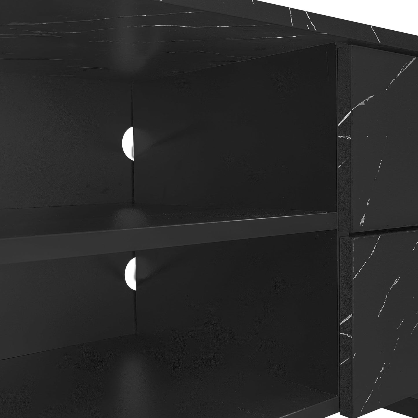 Meuble TV LED Banc TV Moderne Aspect Marbre Noir, Portes en Grain de Bois Foncé, Meuble Télé avec Lumières LED Réglables, Table TV avec Deux Portes et Deux Tiroirs, Adapté pour Robot Aspirateur Marque : SHUGUANG