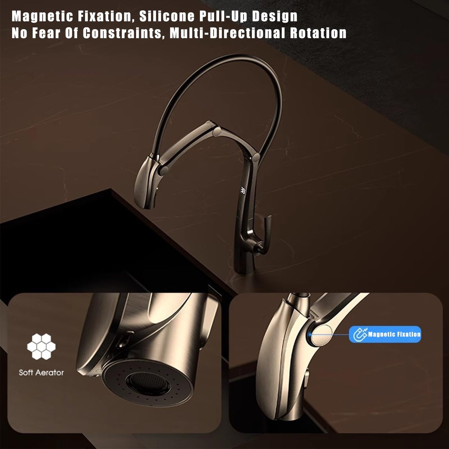 Robinet Cuisine Sans Contact, Robinet De Cuisine Avec Douchette Rotatif à 360° Et Affichage De La TempéRature à Led, Mitigeur Cuisine Touchless Sensor 3 Modes D'éCoulement De L'Eau, Laiton (Gris)