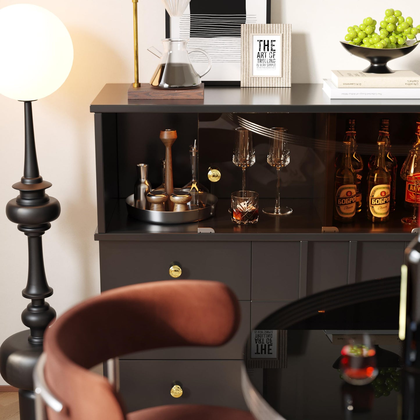 Buffet Moderne Élégant avec Portes en Verre Fumé, Meuble de Rangement avec 3 Tiroirs et 2 Portes, Meuble Buffet pour Salle à Manger Salon et D'entrée, Armoires Blanches/Noires, 120 × 33 × 95 cm