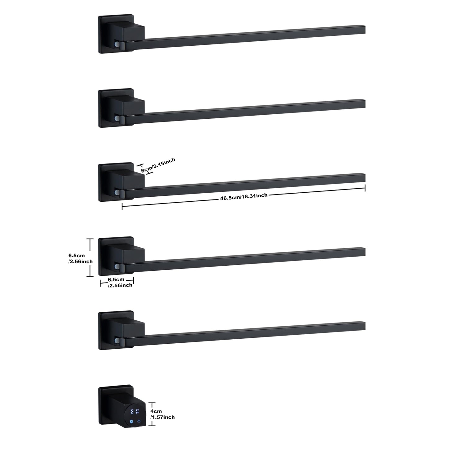 Schwarzer elektrischer Handtuchhalter, intelligenter WiFi-elektrischer Handtuchtrockner mit Timer, 45–60 °C, 5 Stangen, 180° drehbarer Handtuchwärmer, Heizkörper, Edelstahl, verkabelt, Wandmontage