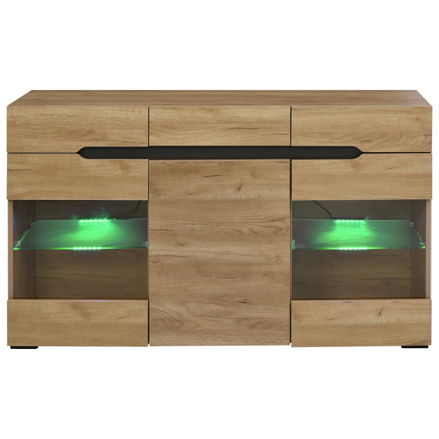 Buffet Salon LED, Meuble Buffet avec 3 Portes 3 Tiroirs, Vitrine Couleur Bois, Commode de Chambre Moderne et Élégante, Beaucoup D'espace de Rangement, Portes Acrylique Transparent, 140x35x80 cm