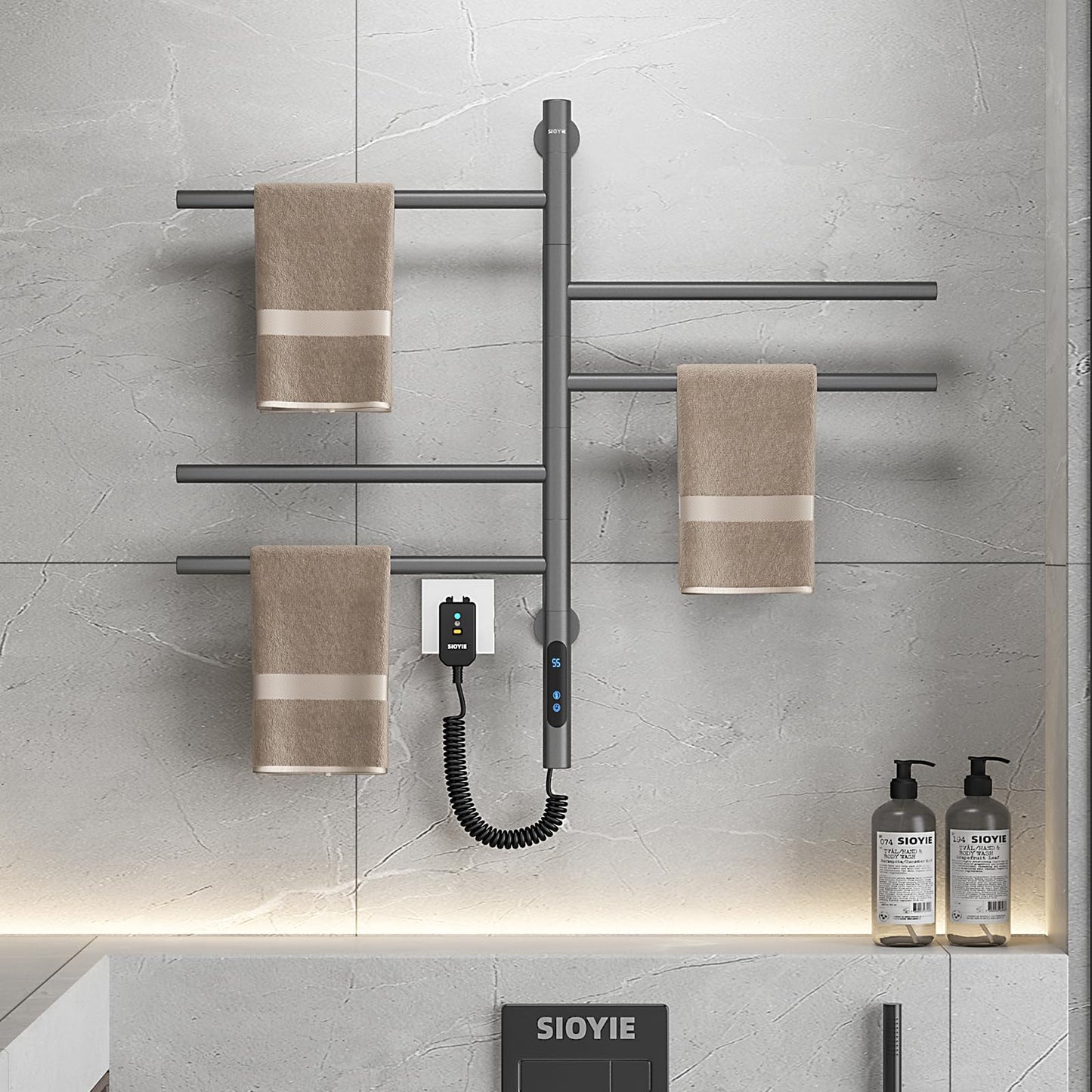 Elektrischer Handtuchtrockner, WiFi Smart Thermostat Handtuchwärmer, für Alexa und Google Home und APP, 420 x 660 mm, 180° Drehung, elektrischer Handtuchhalter, Heizkörper-WiFi Grau