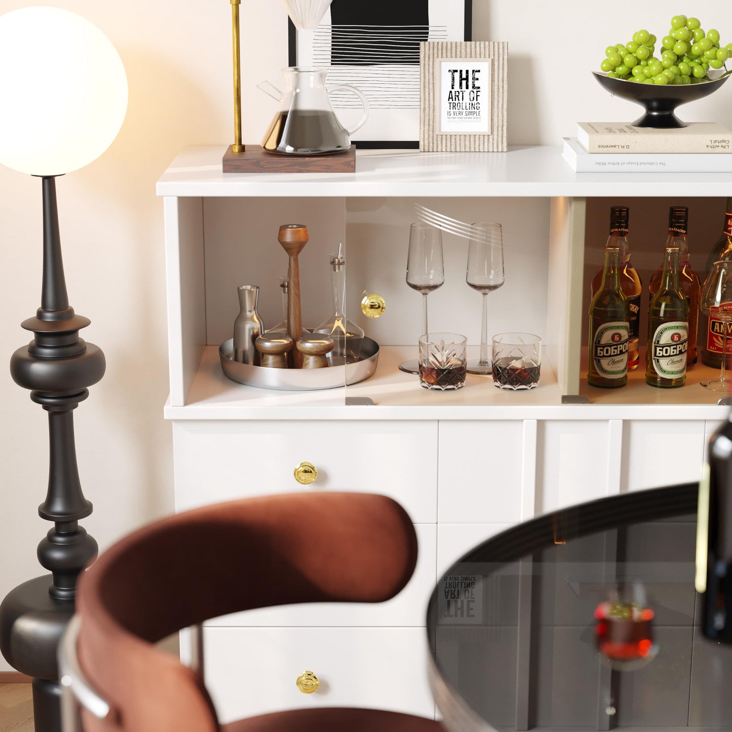 Buffet Moderne Élégant avec Portes en Verre Fumé, Meuble de Rangement avec 3 Tiroirs et 2 Portes, Meuble Buffet pour Salle à Manger Salon et D'entrée, Armoires Blanches/Noires, 120 × 33 × 95 cm