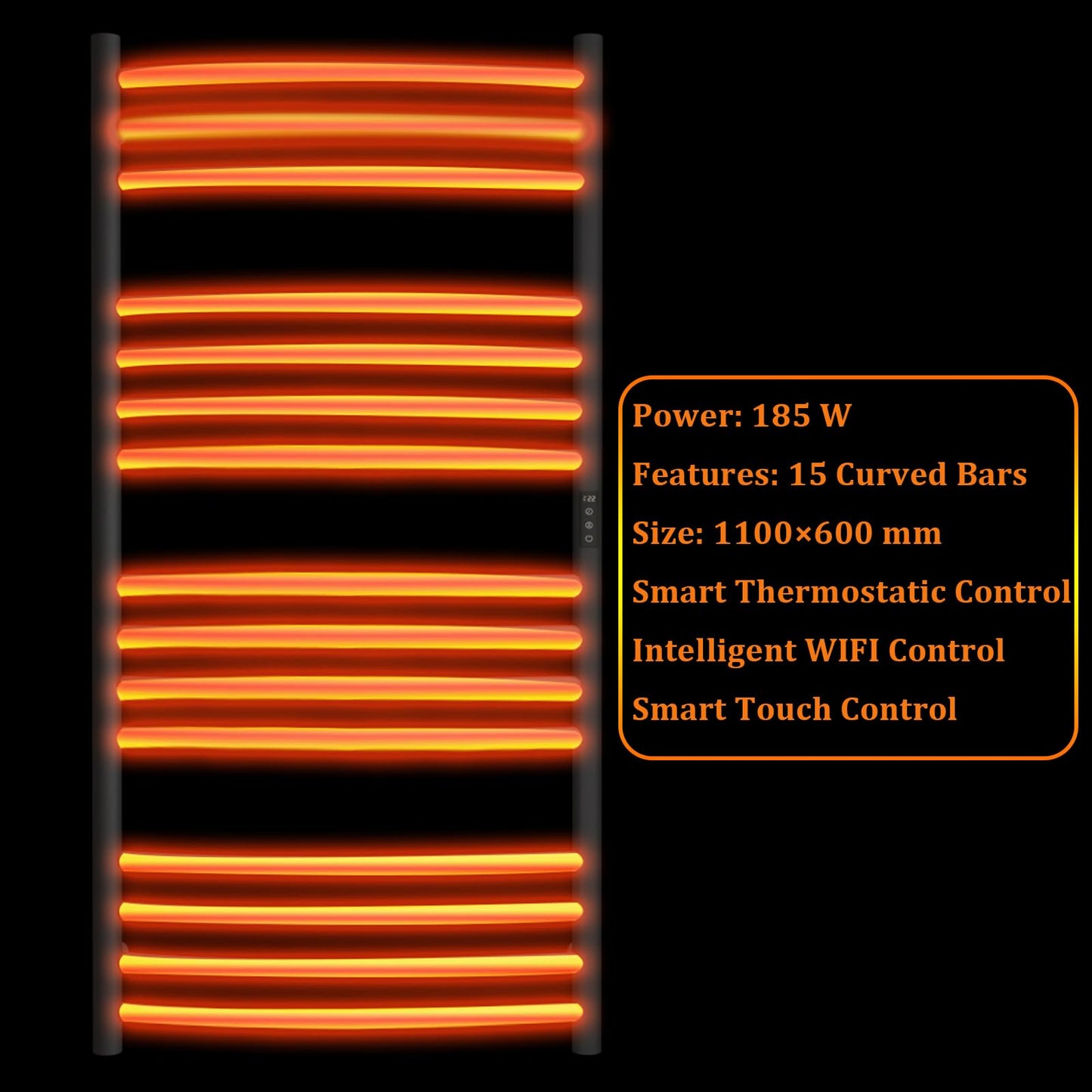 Sèche-Serviette Électrique Noir,185 W Chauffe-Serviettes 1100×600 mm WiFi Intelligent Porte-Serviettes Chauffant Électrique 15 Barres Courbes Commande Tactile à LED