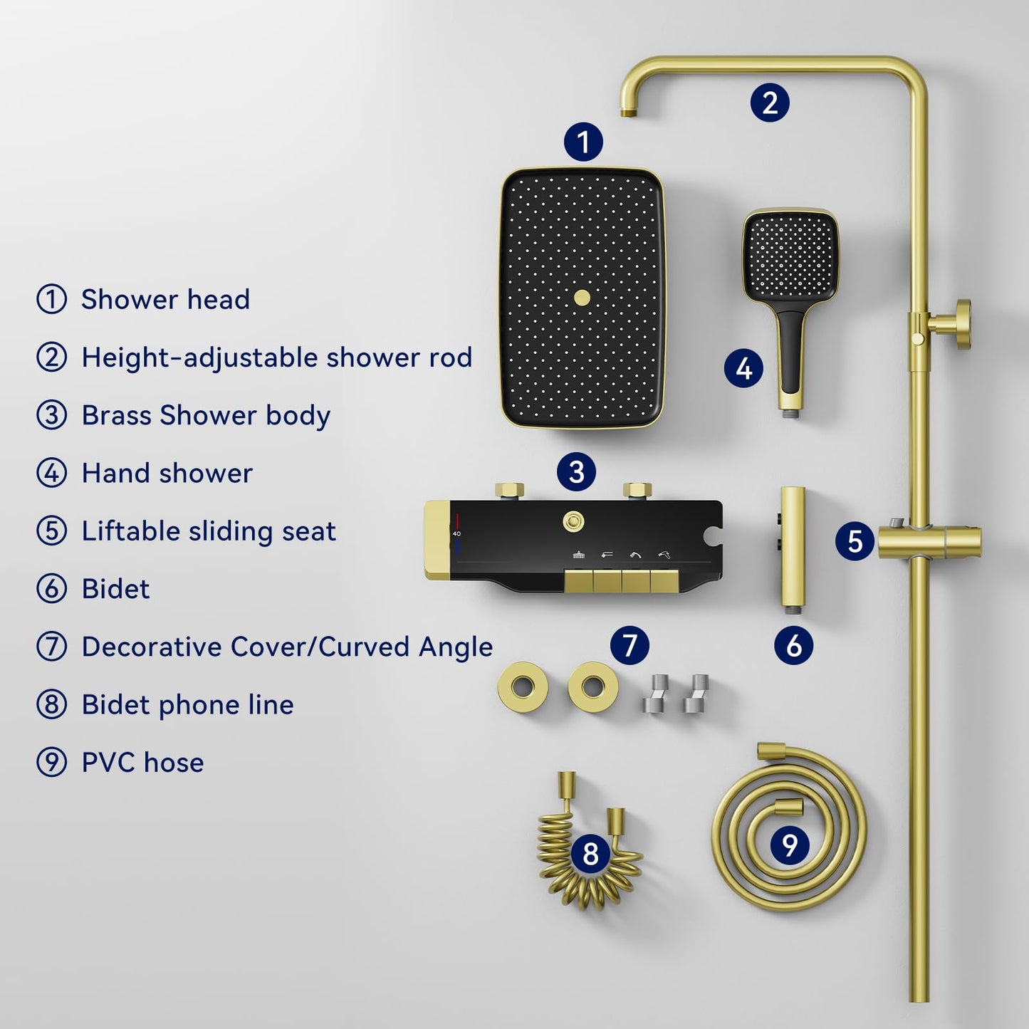 Colonne de Douche Thermostatique Doré Systeme de Douche Piano avec éclairage d'ambiance LED, Ensemble de Douche Mitigeur Hauteur Réglable avec Douche de Tête et Douchette, Baignoire Cascade