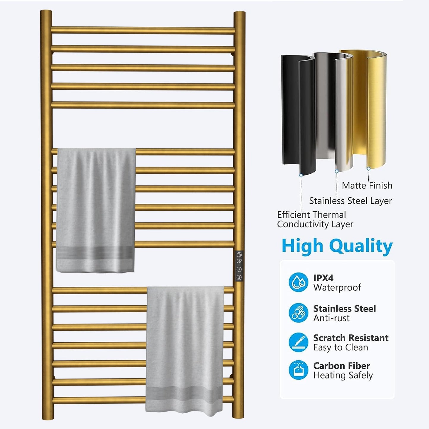 OihPaw Sèche-serviette électrique 550x1100mm 220W Porte-Serviettes Chauffant Chauffe-Serviettes Mural en Acier Carbone 30-70°C Minuterie pour Salle de Bain