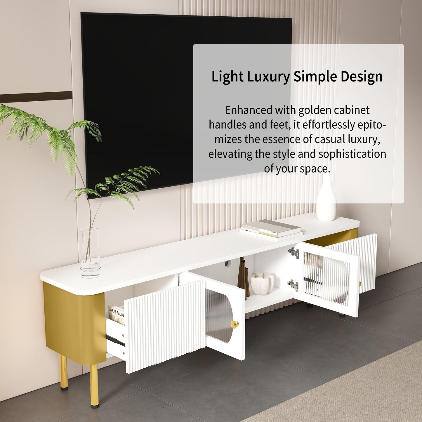 Meuble TV Moderne 170 cm Banc TV pour Téléviseurs Jusqu'à 65 Pouces, Tiroirs et Panneaux de Porte de Forme Spéciale, Poignées et Pieds Dorés, Forme D'arc, Élégant Luxueux Meuble Salon, Meuble TV Bas