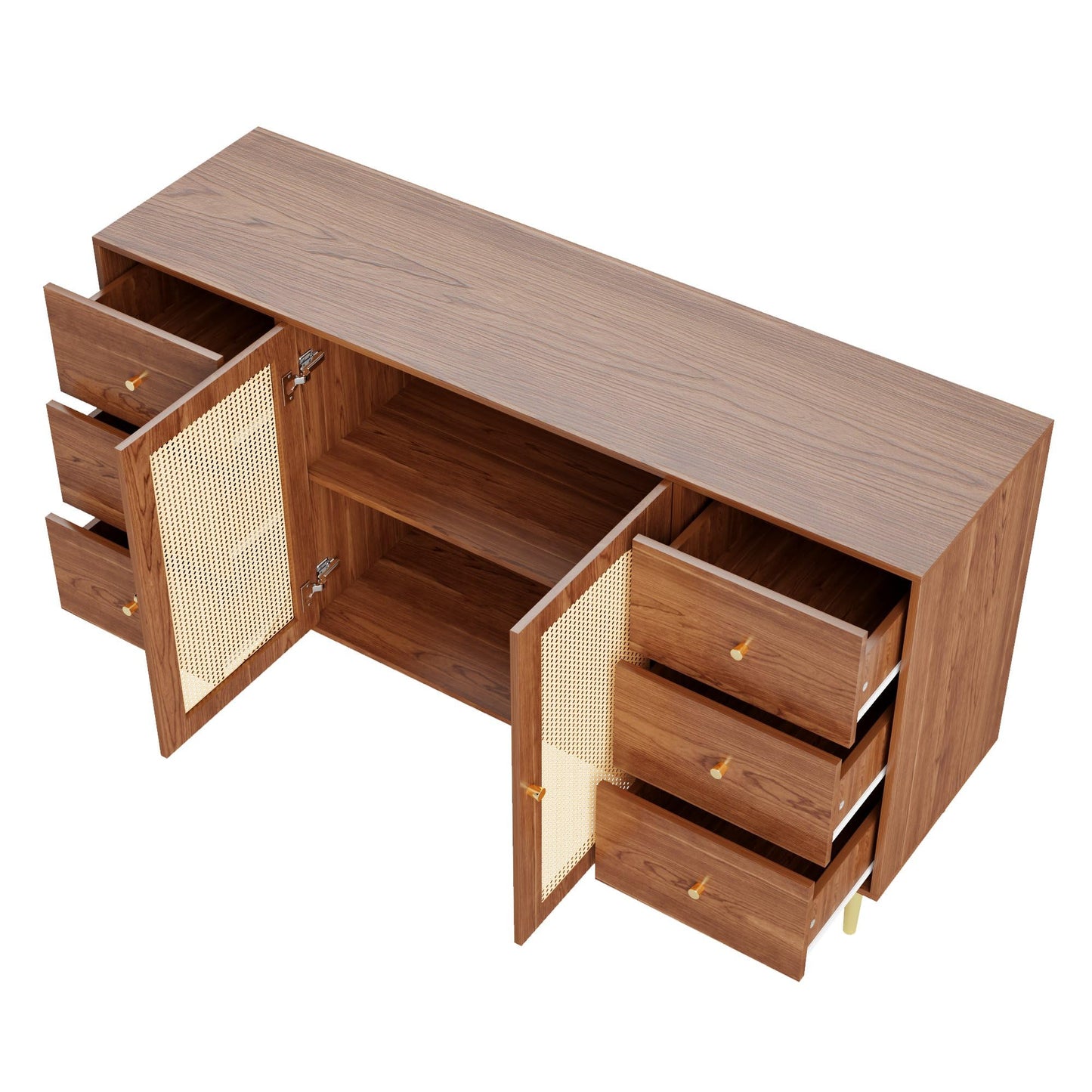 SHUGUANG Buffet Salon Marron, Meuble de Rangement Rétro Élégant en Rotin, Commode pour Chambre à Coucher, avec 3 Tiroirs et 2 Portes, Meuble en Bois Indépendant, Buffet de Cuisine, 160 x 40 x 90 cm