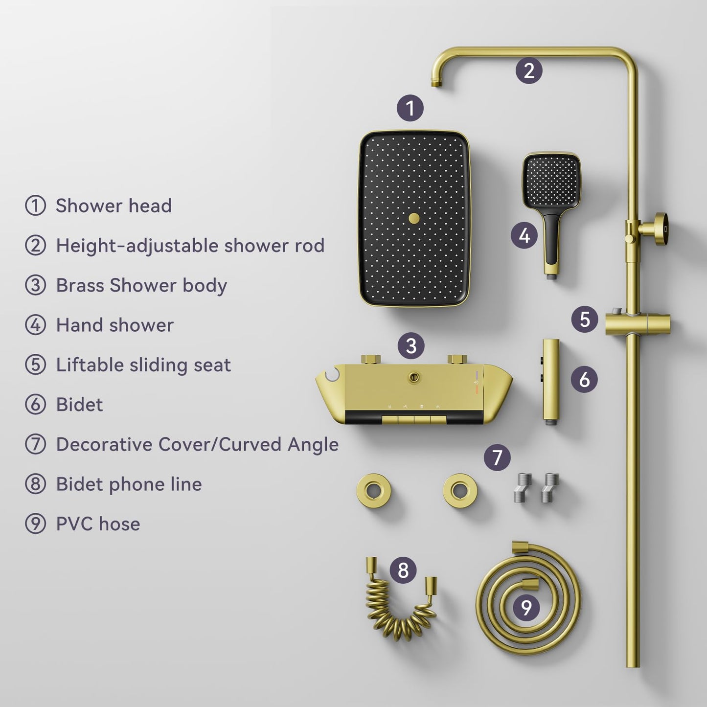 Colonne de Douche Dorée Brossé Thermostatique Mitigeur en Laiton Systeme de Douche Affichage Numérique LED Ensemble de Douche Pommeau De Douche, Douchette, Robinet De Baignoire
