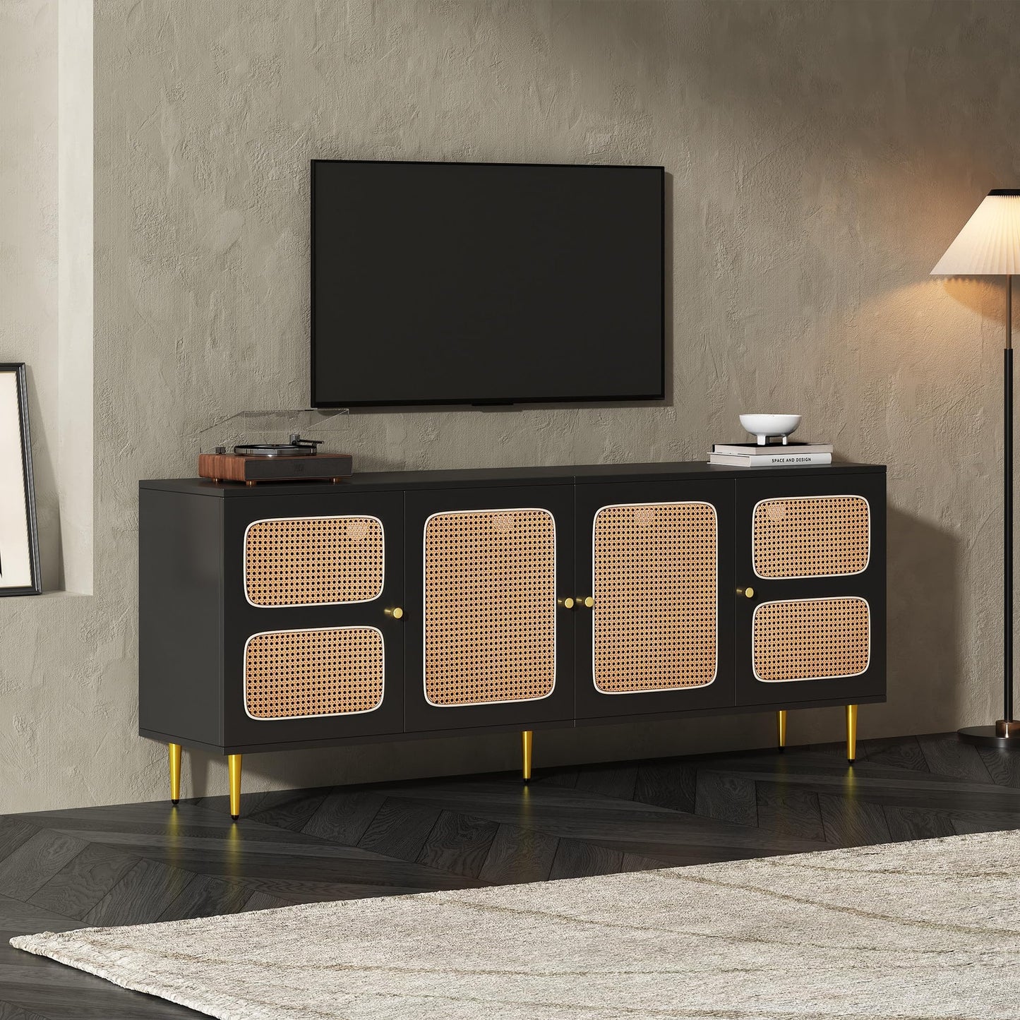 Meuble TV Blanc Banc TV en Rotin avec 4 Portes en Rotin,pour Téléviseurs Jusqu'à 80 pouces,180x40x72cm, Meubles TV élégants pour Salon Chambre,étagères réglables en Hauteur, Grand Espace de Rangement