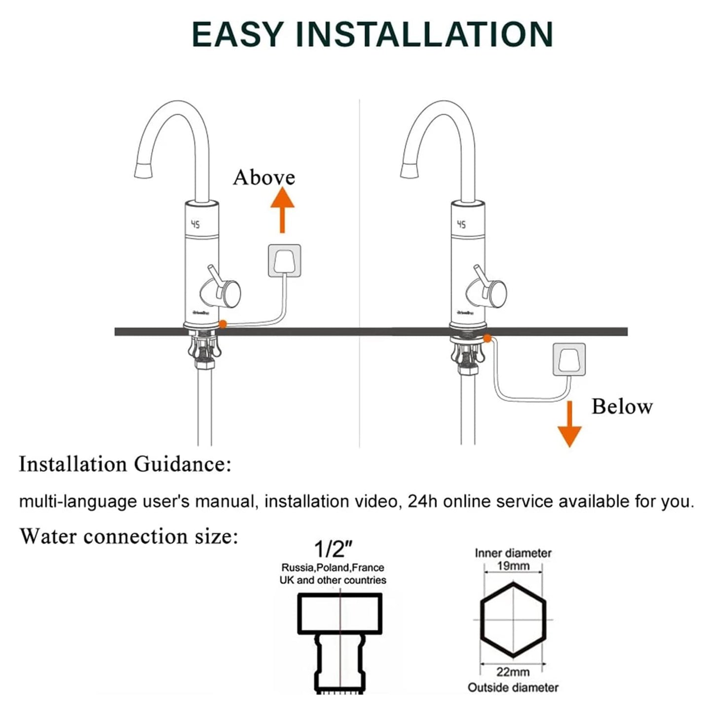 Robinet Électrique Сhauffe-Eau Instantané 3200W, Robinet électrique de cuisine avec Affichage de la température à LED, Robinet Pivotant à 360°