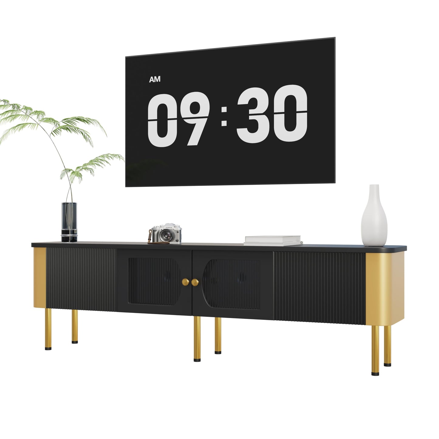 Meuble TV Moderne 170 cm Banc TV pour Téléviseurs Jusqu'à 65 Pouces, Tiroirs et Panneaux de Porte de Forme Spéciale, Poignées et Pieds Dorés, Forme D'arc, Élégant Luxueux Meuble Salon, Meuble TV Bas