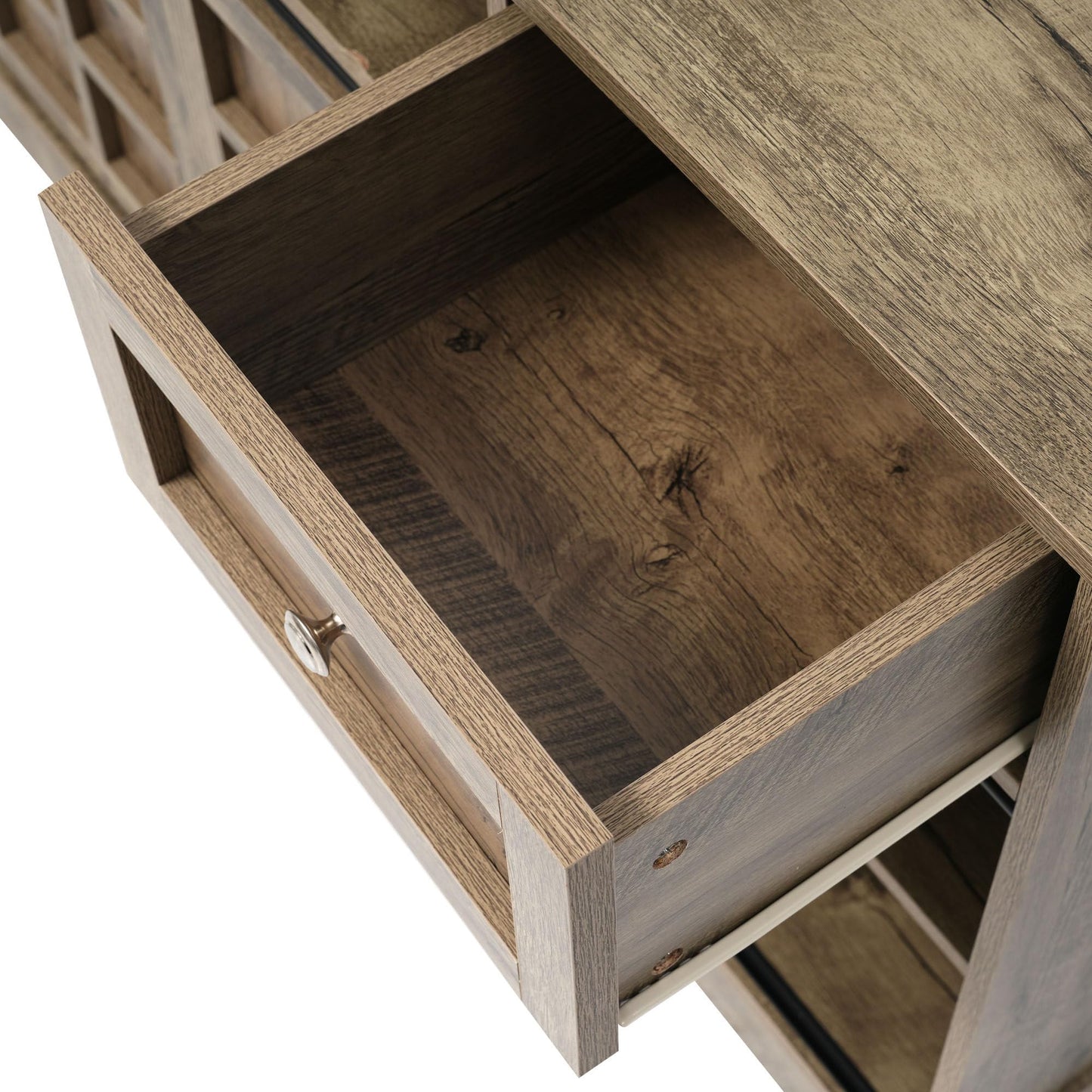 Meuble TV 150 cm Longueur Banc TV Gris Marron avec 2 Portes Coulissantes, 9 Compartiments de Rangement, 2 Tiroirs, Éclairage LED 16 Couleurs, Style Ferme Rétro en Grain de Bois pour TV Jusqu'à 60"