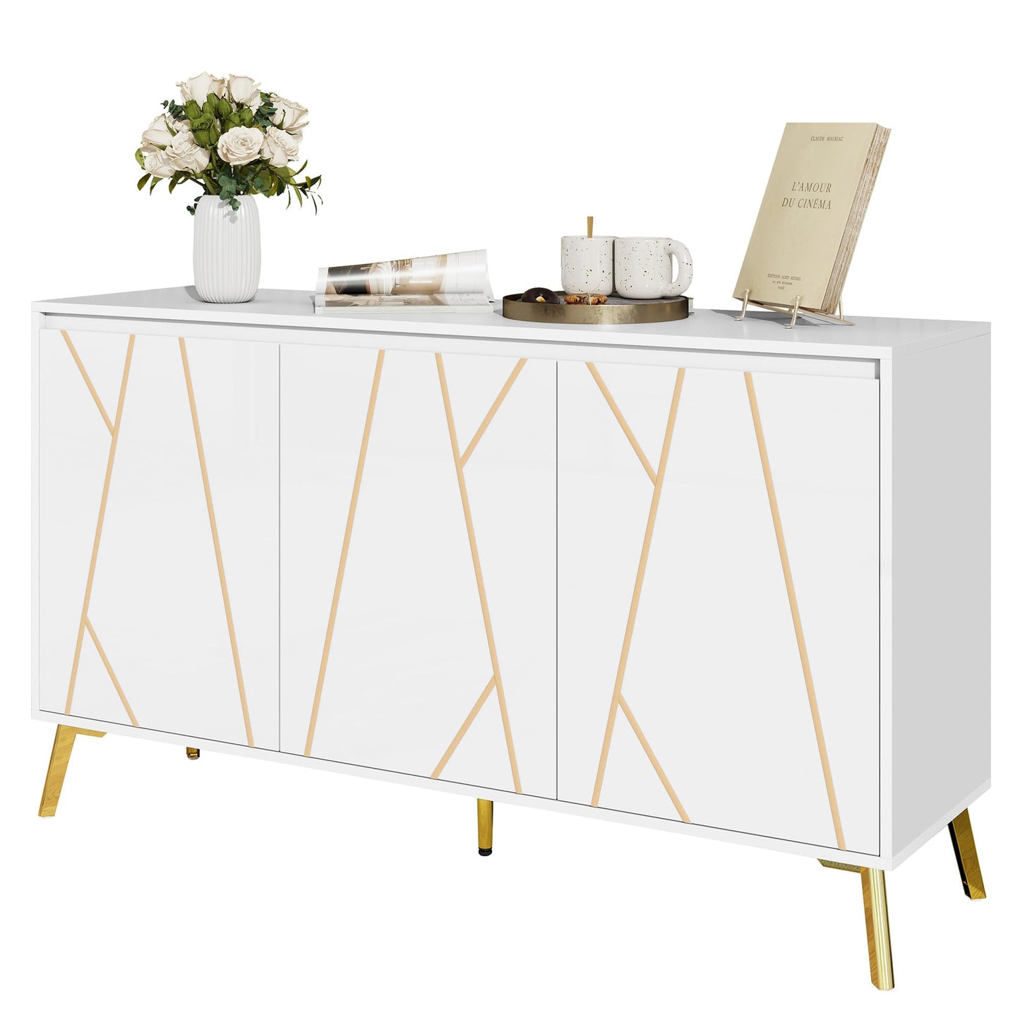 Buffet de Style Moderne au Design Unique Bahut avec 3 Portes, Sans Poignées, Armoire Latérale de Salon, Meuble Buffet de Cuisine, Armoire de Rangement pour Salle à Manger, Entrée (Blanc/Noir)