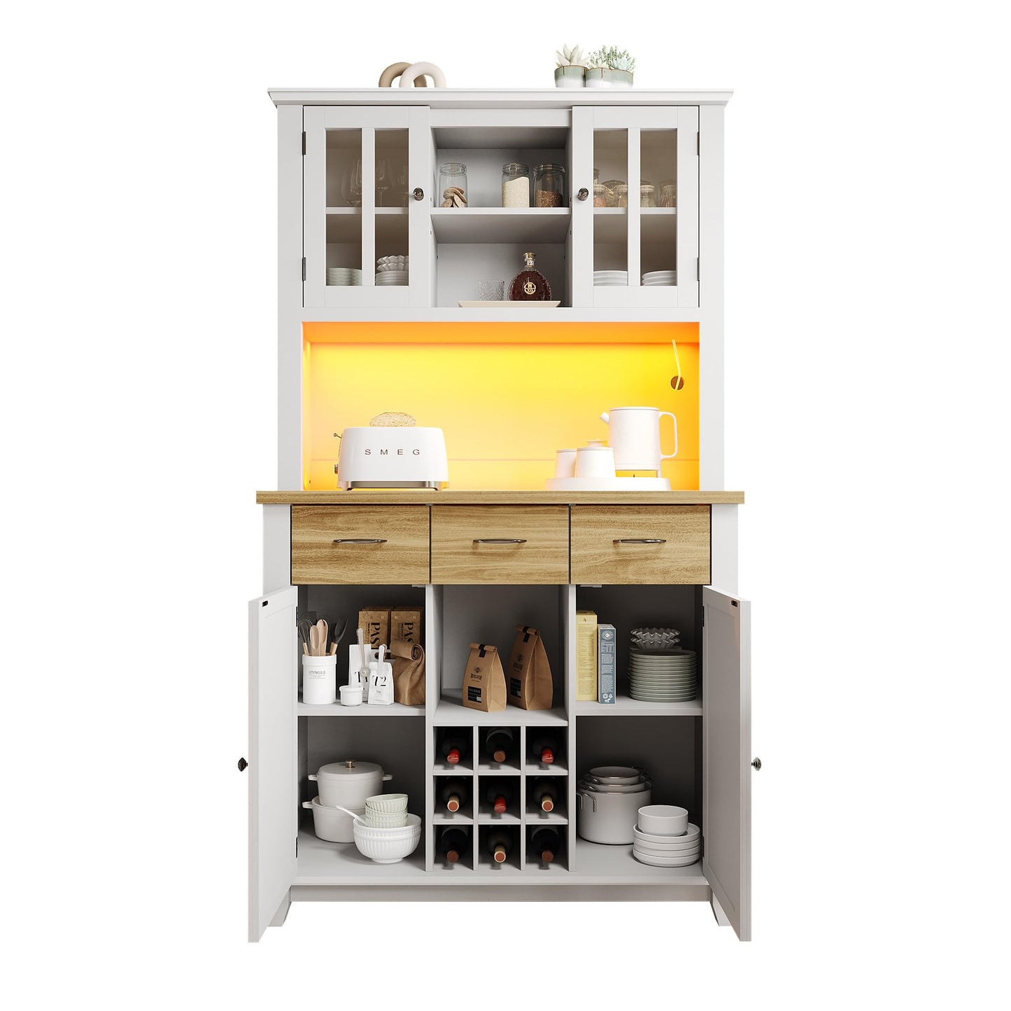 Armoire de Cuisine, Enfilade Buffet Haute, Vitrine avec Étagères Réglables et Casier à Vin, Buffet de Salon avec Éclairage LED, Beaucoup D'espace de Rangement, 106*40*179.5cm (Tiroirs Blanc/Bois)