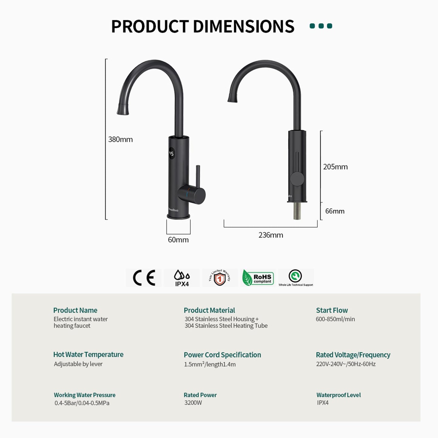 Robinet Électrique Cuisine 3200W Robinet D'eau Chauffant Avec Chauffe-eau Intégré, Robinet D'eau avec Affichage de la Température, Robinet Rotatif 360°