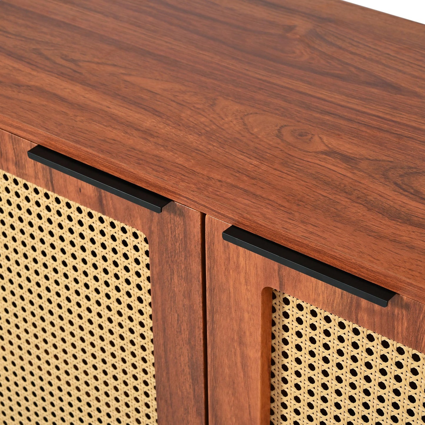 Buffet Vintage Rotin Style Bohème Bahut avec 2 Portes et 3 Tiroirs, Équipé de Poignées Noires, Armoire de Style Maison de Campagne pour Salle à Manger, Cuisine, Entrée, Salon (Bois Naturel/Noyer)