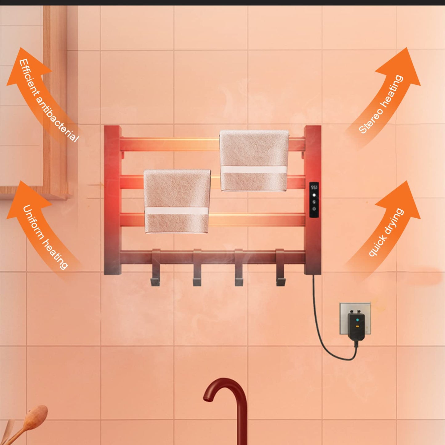 OihPaw Sèche-serviette électrique,550x350mm Porte Serviettes Chauffant Porte-serviettes électrique intelligent, Étanche IP24, Réglage de la température 30℃-70℃, 1-9H de chronométrage