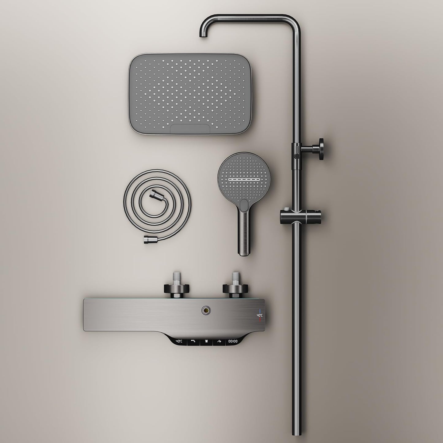 Colonne de Douche Thermostatique Colonne Douche Salle de Bain Affichage Numérique Colonne de Douche avec Mitigeur, Gris Pistolet Hauteur RéGlable Ensemble de Douche avec Douchette