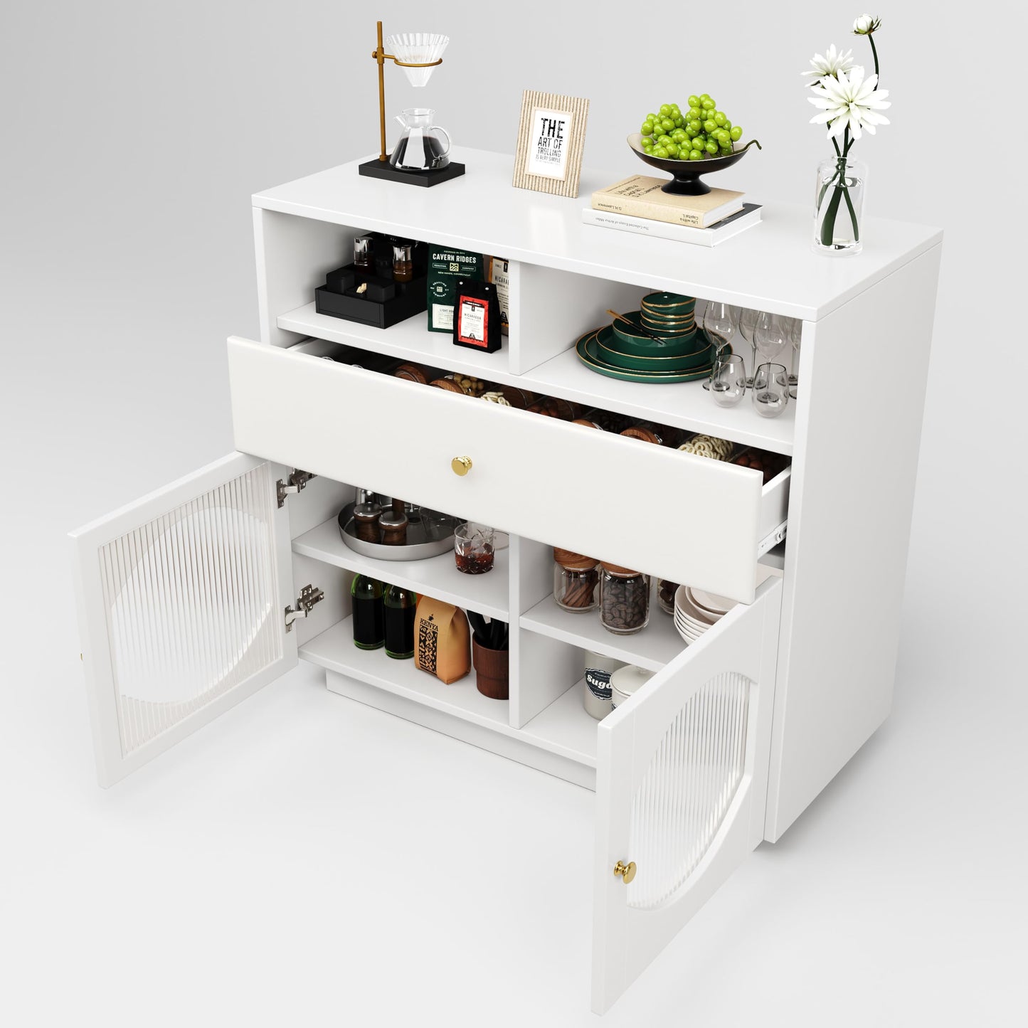 Buffet Salon avec Portes en Verre, Meuble de Cuisine Moderne de Luxe avec 1 Tiroir, 2 Portes et 2 Cloisons Ouvertes, Bahut Buffet de Salle à Manger, 100 × 40 × 90,5cm, Facile à Assembler, Blanc/Noir