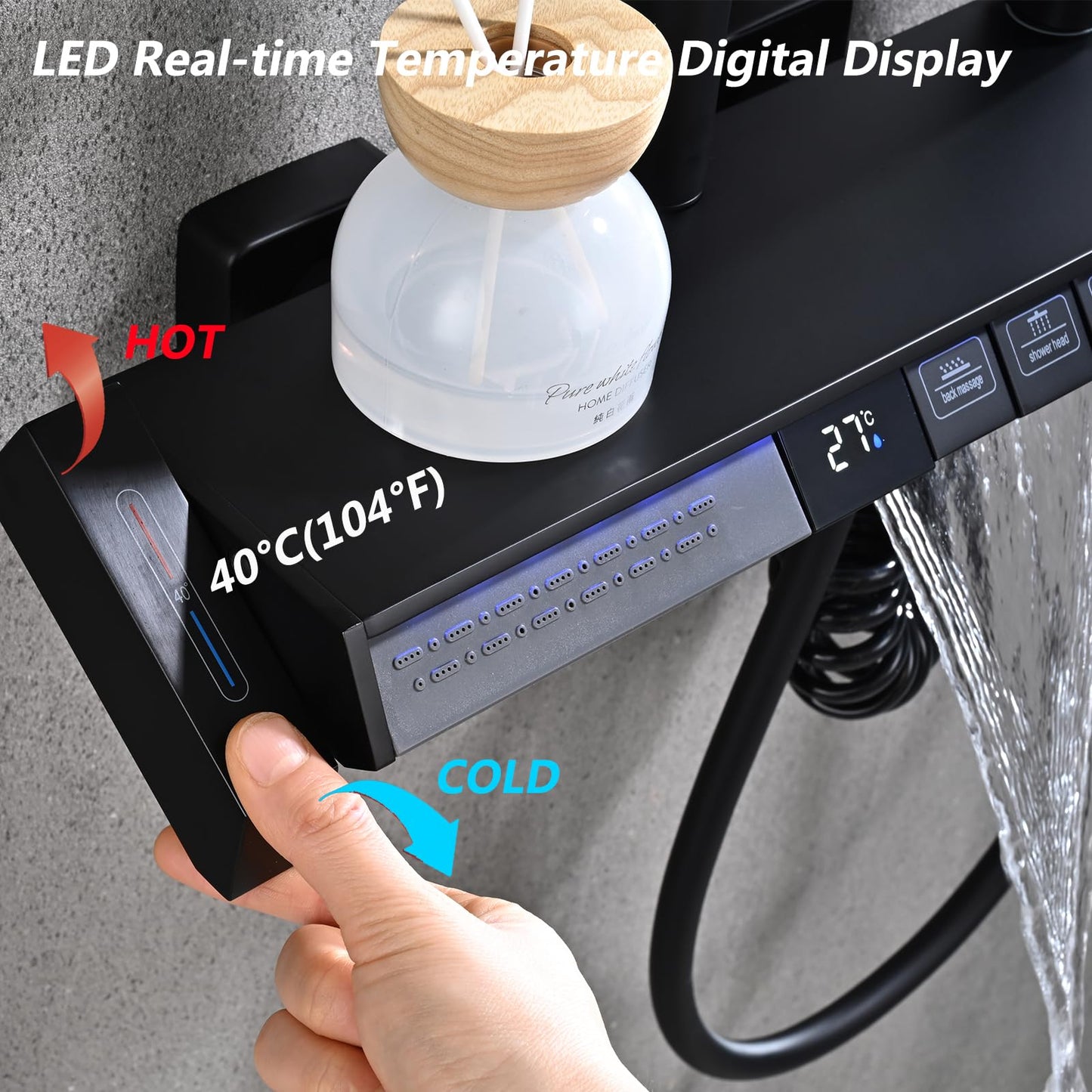 OihPaw Colonne De Douche Thermostatique Noir Ensemble de Douche 5 Fonctions Système de Douche avec Affichage Numérique LED,Douche de Tête 30x20CM,Pommeau Douche 3 Modes