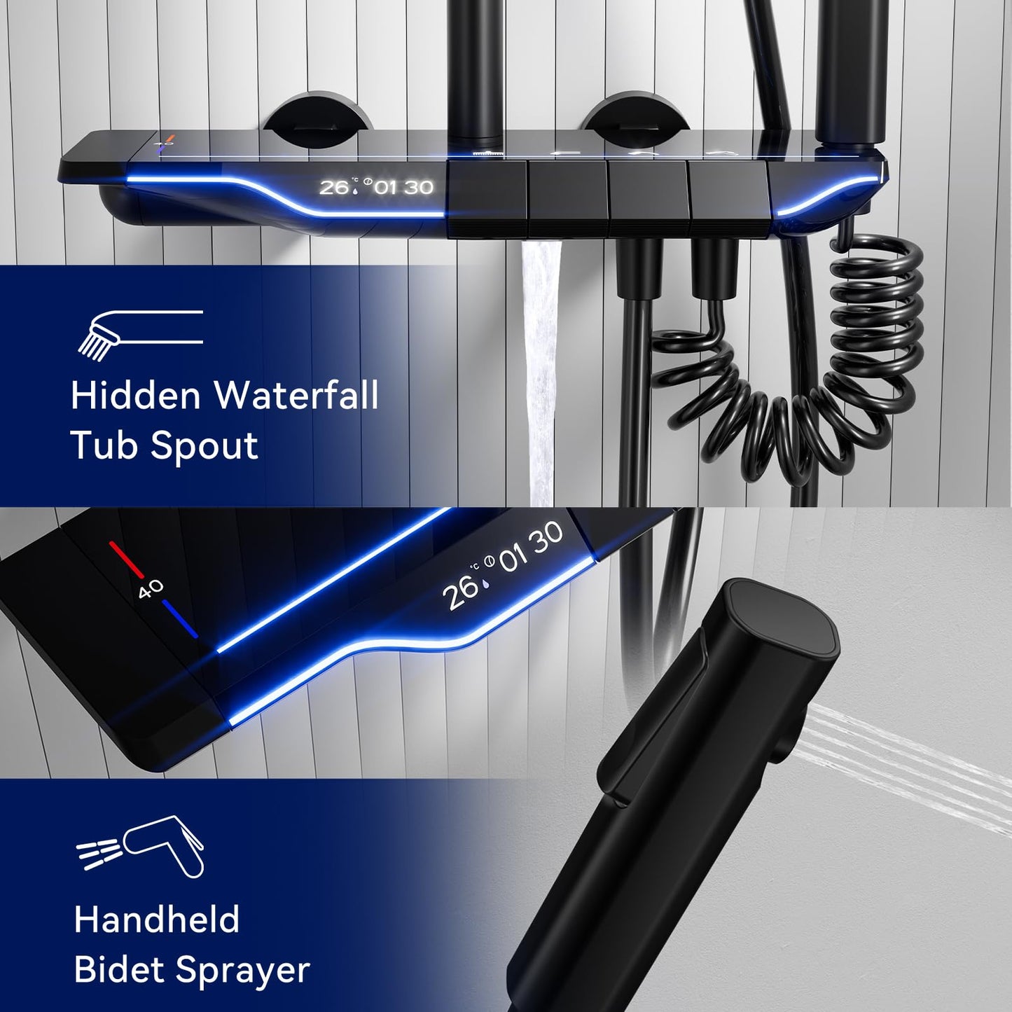 Colonne De Douche Avec Mitigeur Thermostatique, Noir Système De Douche avec Affichage la Température Ensemble de Douche Hauteur Réglable, Douchette à Main 3 Jets, 31x20CM Pommeau de Douche
