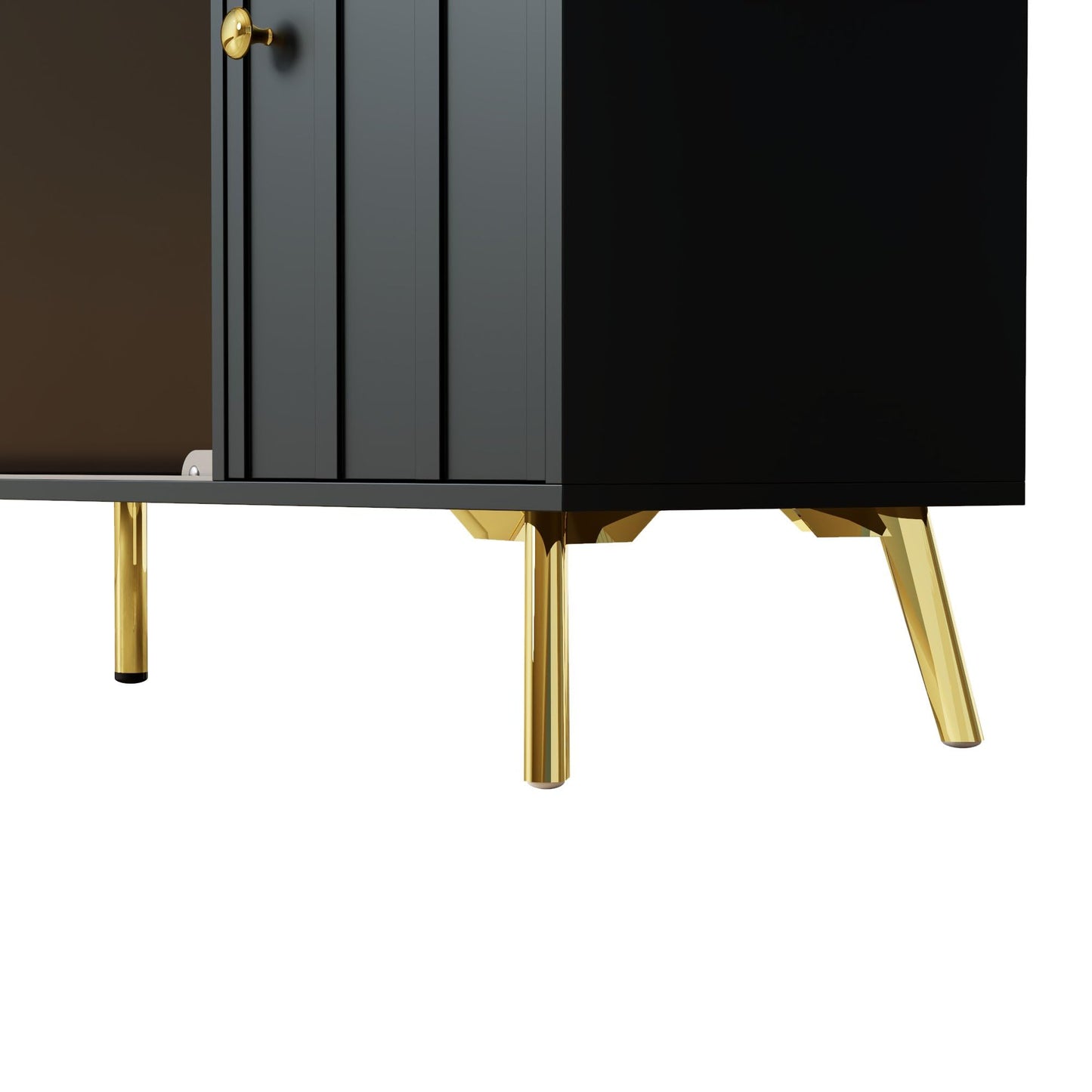 SHUGUANG Buffet Commode Bahut Vaisselier avec Verre Marron, Poignées et Pieds en Métal, Moderne Noir Buffet avec Panneaux Incurvés, Meuble de Rangement pour Salle à Manger/Salon, 150 x 30 x 89,7 cm