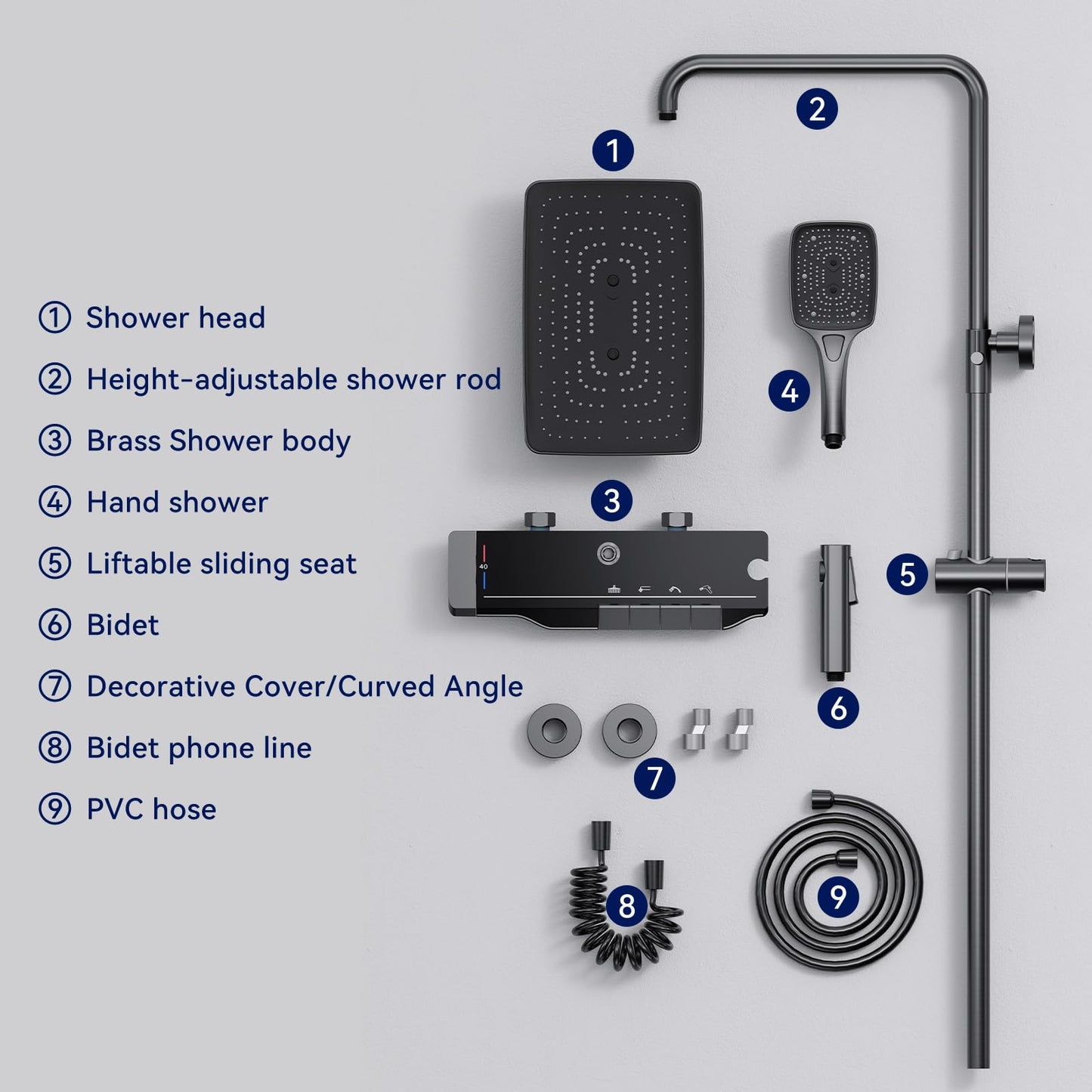 Colonne de Douche Thermostatique Gris Pistolet Colonne de Douche avec Affichage la Température Ensemble de Douche avec Mitigeur Hauteur Réglable, Pomme Douche de Tête 31x20CM et Douchette 3 Jets