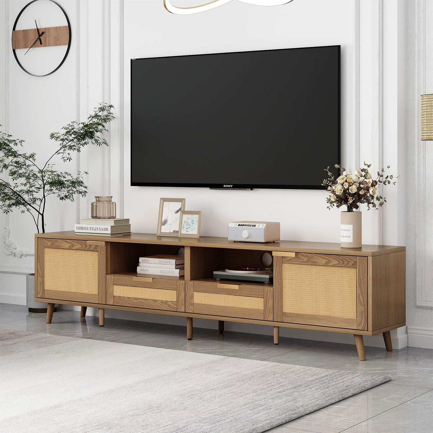 Meuble TV 200cm, Armoire De Télévision Rotin Tressé, Meuble Télé de Salon Pieds D'armoire Réglables, Table Télévision Convient Aux Téléviseurs de 90 Pouces, 2 Portes, 2 Tiroirs et 2 Étagères Ouvertes