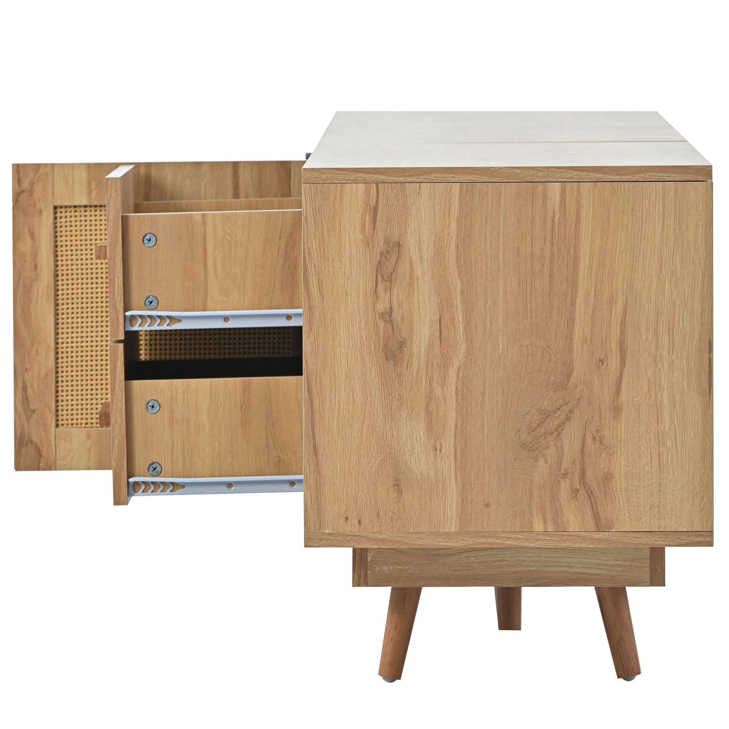 Meuble TV de Style Bohème en Rotin pour Téléviseurs de 80 Pouces, Meubles TV Bois, Banc TV Rustique avec 2 Casiers, 2 Tiroirs, 2 Étagères Ouvertes, Chambre Meuble Salon, 190x40x52 cm, Chêne Naturel