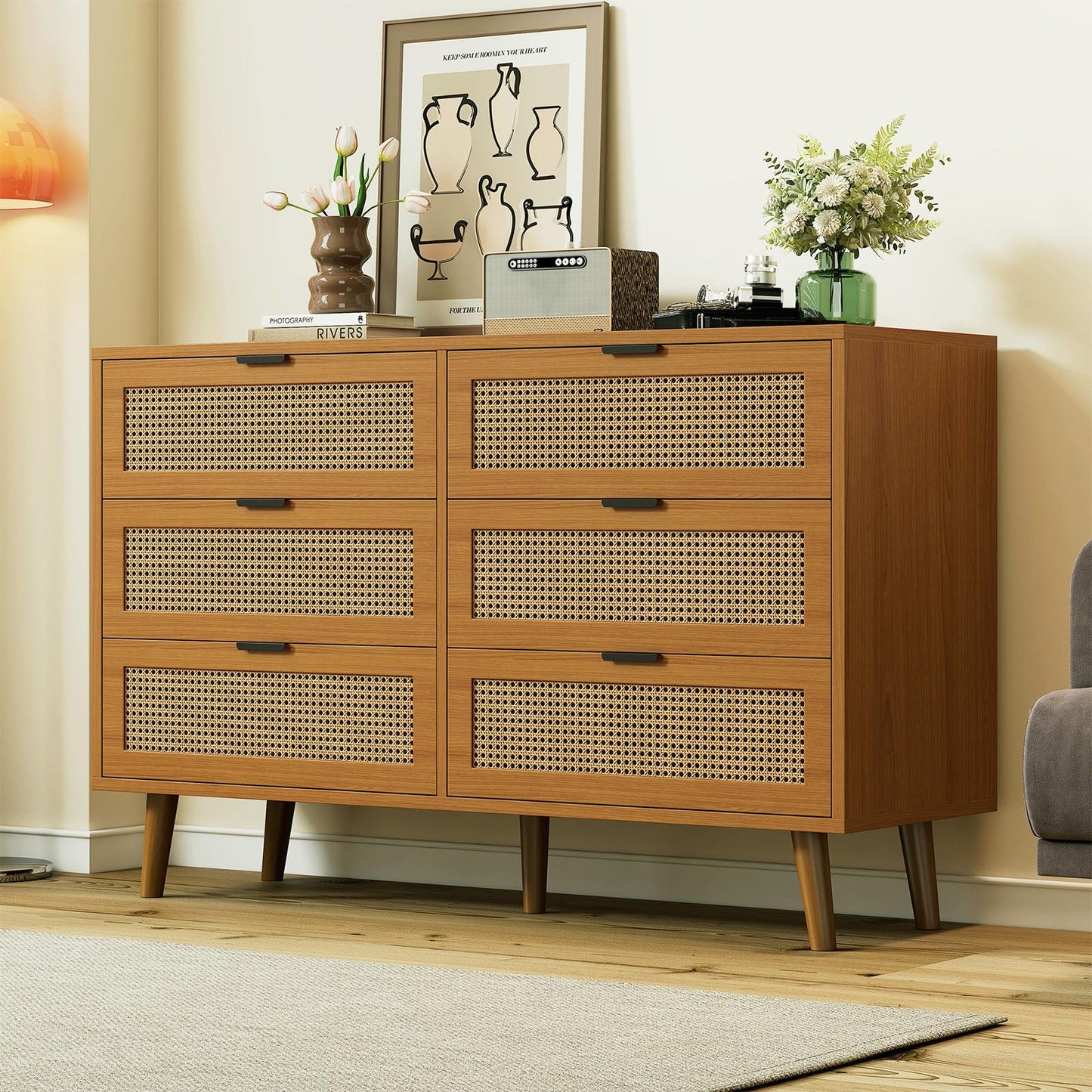 Kommode Mit 6 Schubladen, Sideboard Perforierte Rattantür, Mehrzweckschrank für Wohnzimmer, Esszimmer, Schubladenschrank Hohe Tragfähigkeit, Schrankbeine aus Massivholz, Metallgriff, 120 x 40 x 76.5cm