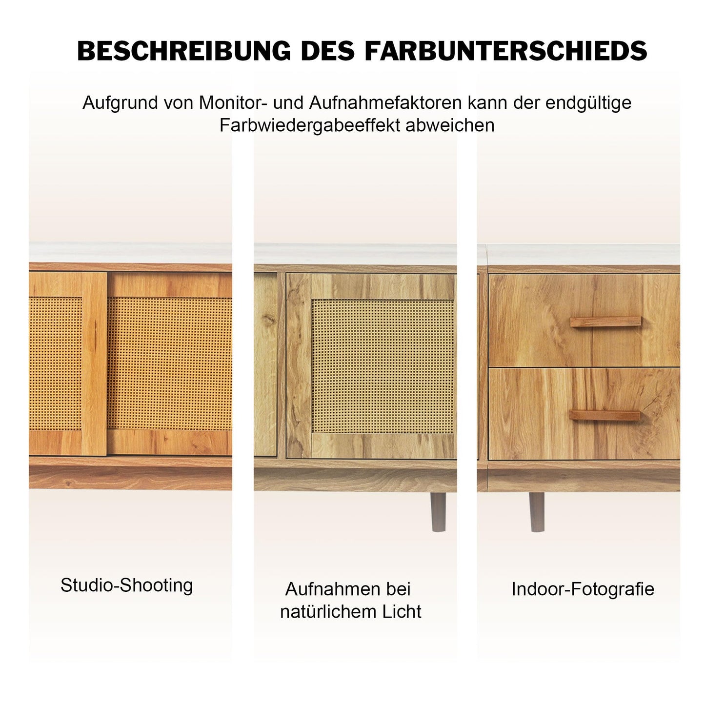 Meuble TV de Style Bohème en Rotin pour Téléviseurs de 80 Pouces, Meubles TV Bois, Banc TV Rustique avec 2 Casiers, 2 Tiroirs, 2 Étagères Ouvertes, Chambre Meuble Salon, 190x40x52 cm, Chêne Naturel