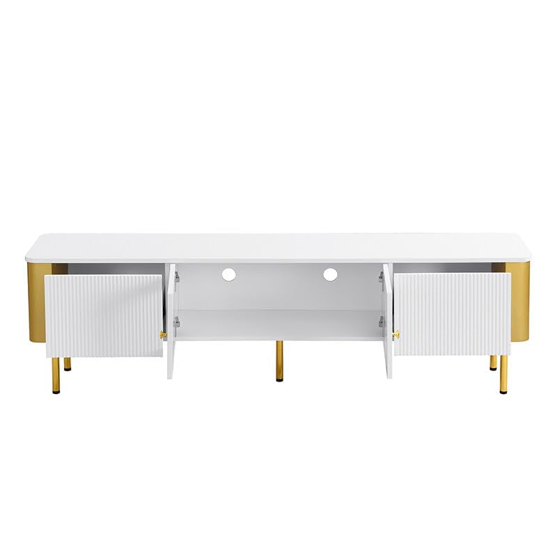 Meuble TV Moderne 170 cm Banc TV pour Téléviseurs Jusqu'à 65 Pouces, Tiroirs et Panneaux de Porte de Forme Spéciale, Poignées et Pieds Dorés, Forme D'arc, Élégant Luxueux Meuble Salon, Meuble TV Bas