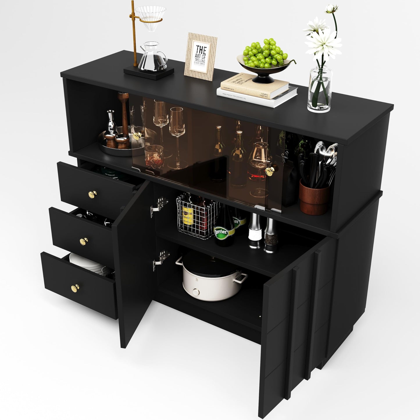 Buffet Moderne Élégant avec Portes en Verre Fumé, Meuble de Rangement avec 3 Tiroirs et 2 Portes, Meuble Buffet pour Salle à Manger Salon et D'entrée, Armoires Blanches/Noires, 120 × 33 × 95 cm