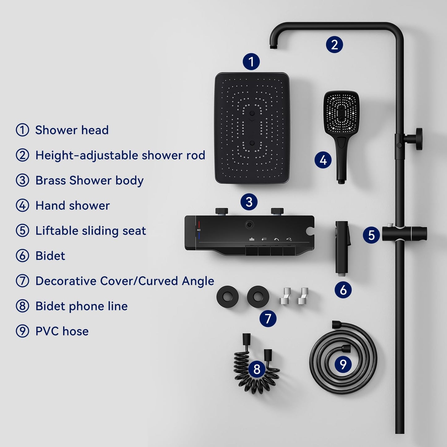 Colonne De Douche Avec Mitigeur Thermostatique, Noir Système De Douche avec Affichage la Température Ensemble de Douche Hauteur Réglable, Douchette à Main 3 Jets, 31x20CM Pommeau de Douche